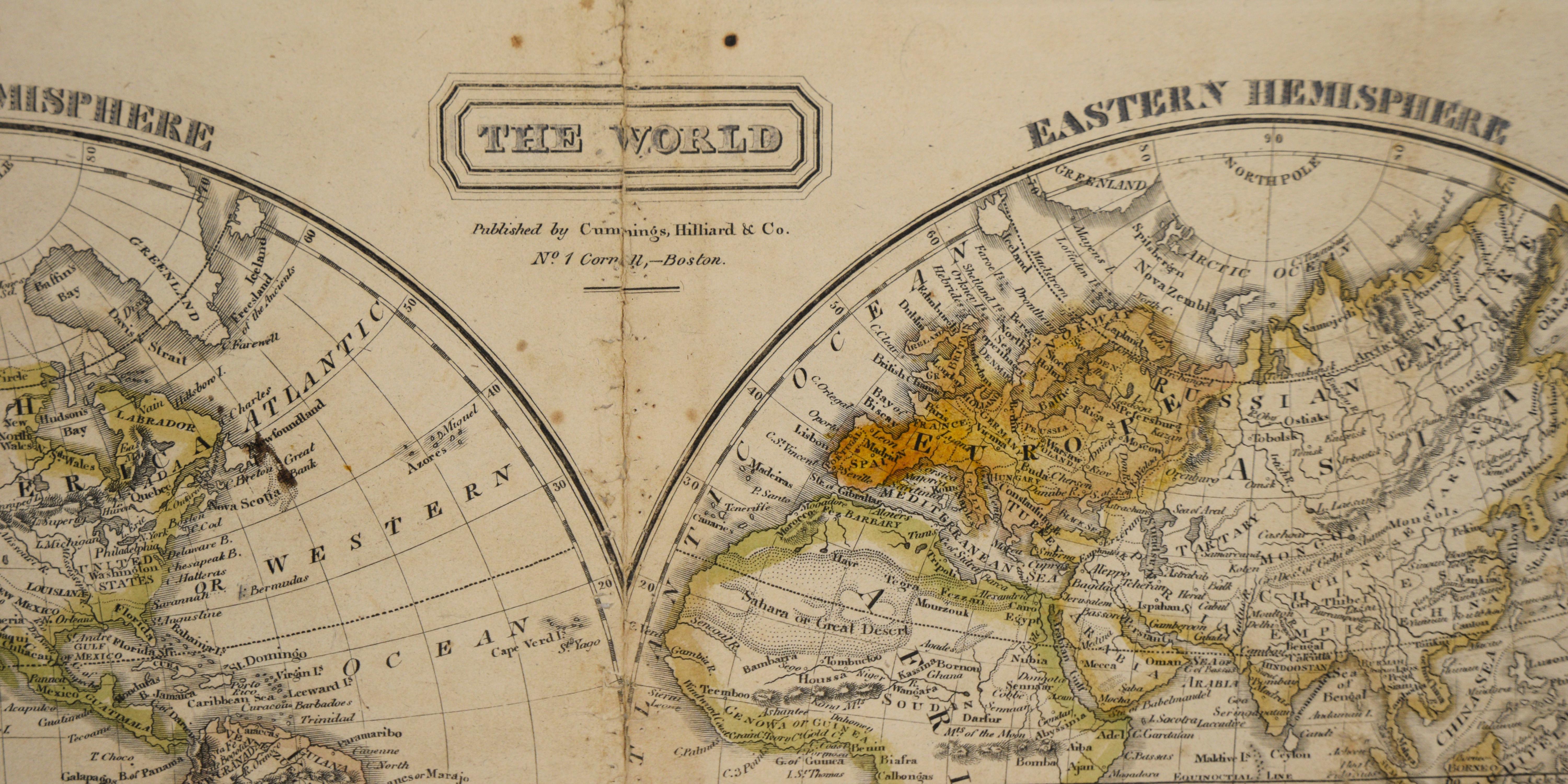 „The World“ Herausgegeben von Cummings & Hilliard, Nr. 1, Cornhill, Boston

Gestochene Doppel-Hemisphären-Atlas-Karte aus dem frühen 19. Jahrhundert mit dem Titel 