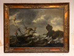 Grande pannello del XVII secolo di un maestro olandese del passato: “Nave in mare tempestoso al largo di una costa rocciosa”