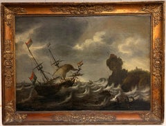 Grande pannello del XVII secolo di un maestro olandese del passato: “Nave in mare tempestoso al largo di una costa rocciosa”
