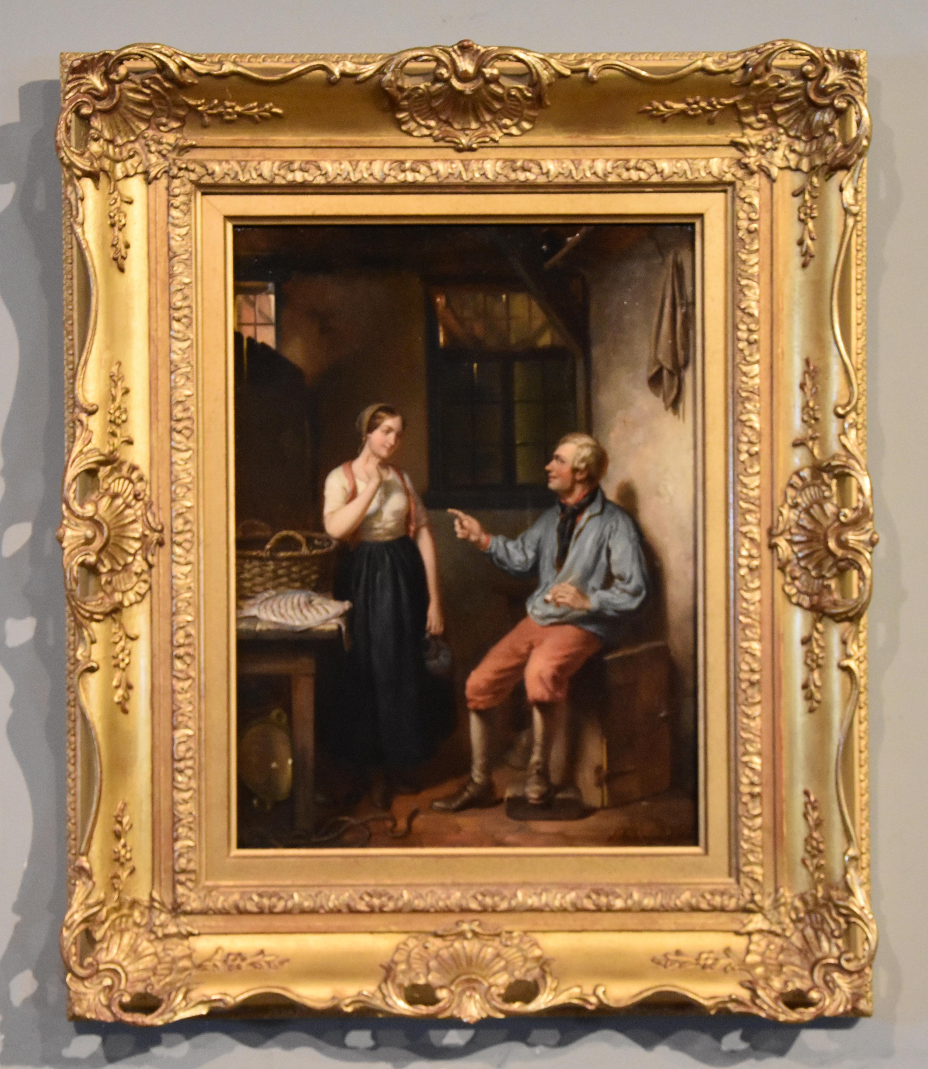 Oil Painting by Jacob Akkersdijk "A Dutch Interior" 1815-1862 Born in Rotterdam where he exhibited between 1840 and 1860. Painter of rustic interior scenes in the traditional Dutch manner. Oil on panel, signed and dated 1861 in original