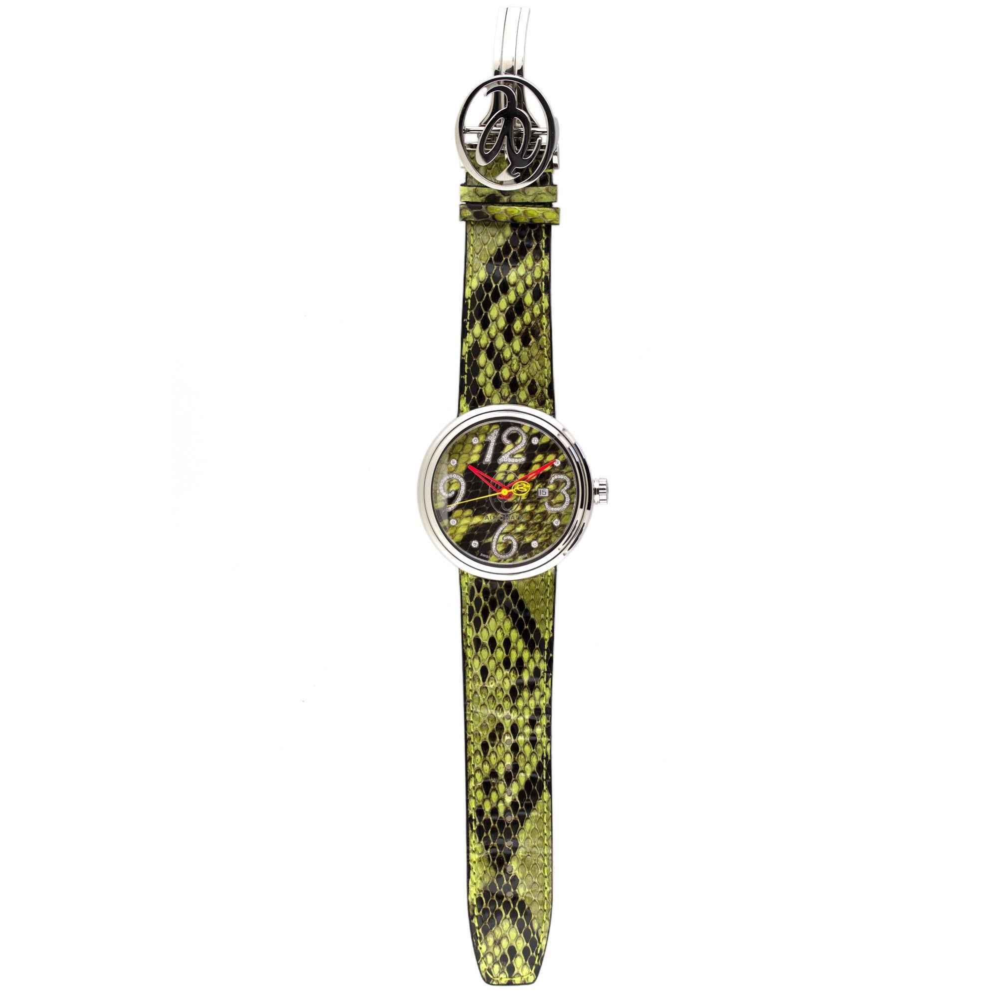 Brand: Jacob & Co.
MPN: WVY-016
Case Material: Stainless Steel
Case Diameter: 48mm
Crystal: Scratch resistant sapphire crystal
Dial: Green Python-Print with Diamond hour markers
Bracelet: Python Leather
Size: Adjustable
Clasp: Fold over