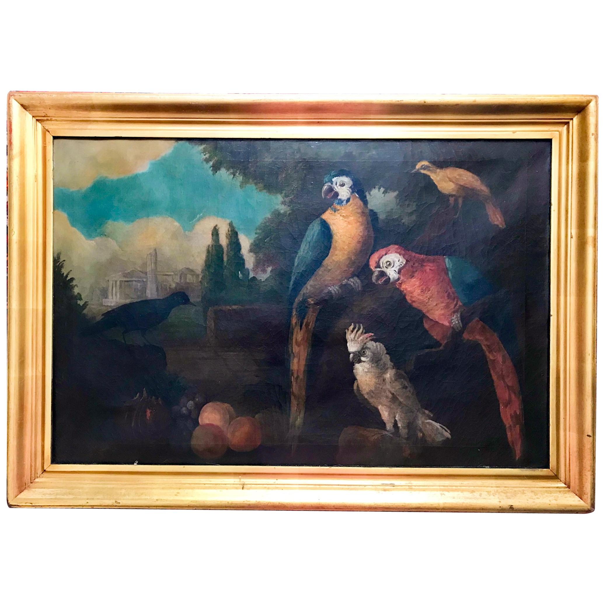 Jacob Bogdani Follower, Still Life with Parrots Oil on Canvas