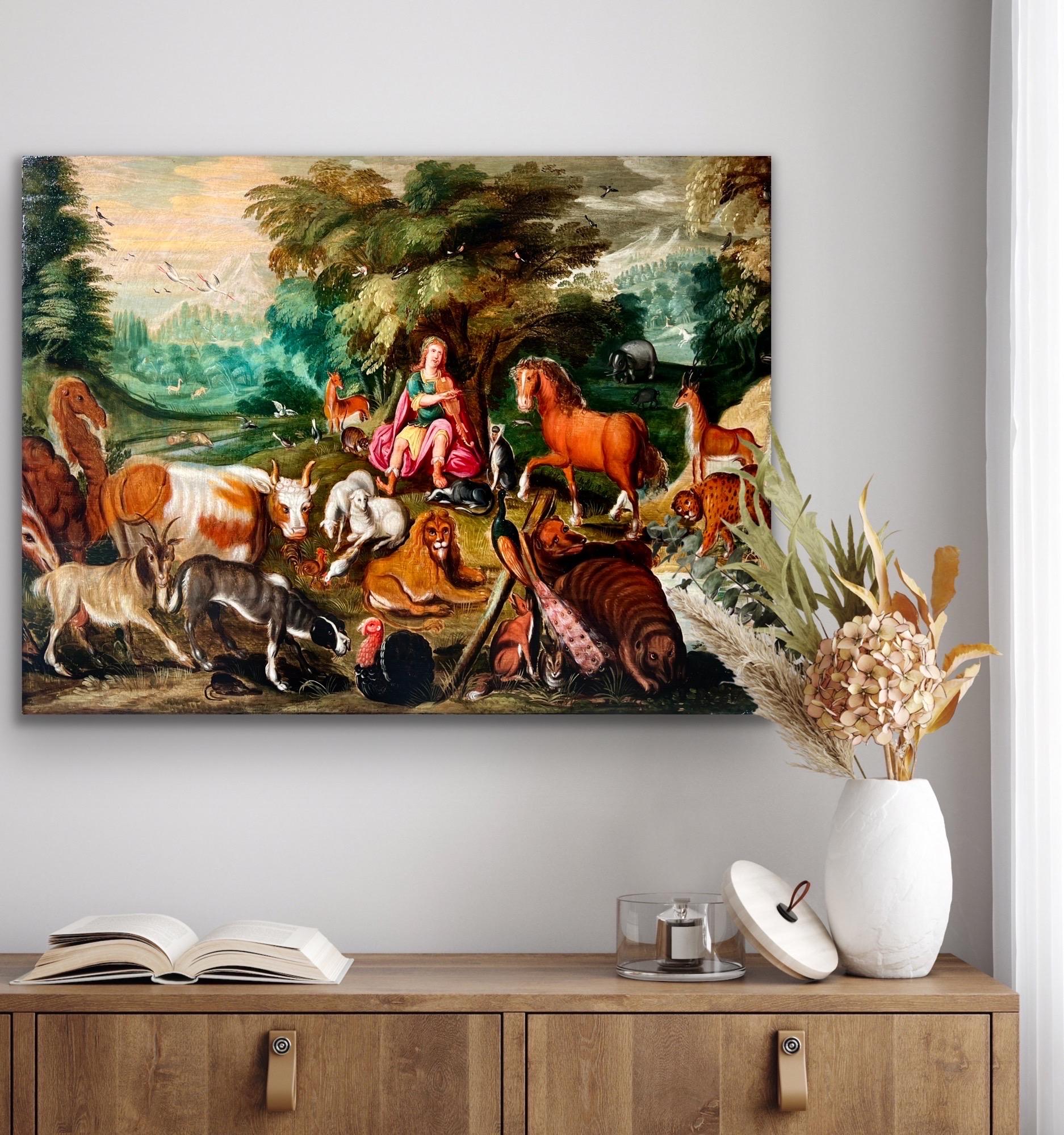 Masterly flamand du 17e siècle - Orphée charme les animaux avec sa musique

La présente peinture est pleine de détails charmants, tels que la licorne galopant au loin, le couple de cigognes dans les airs, les plumes brillantes du paon, ... .

Dans