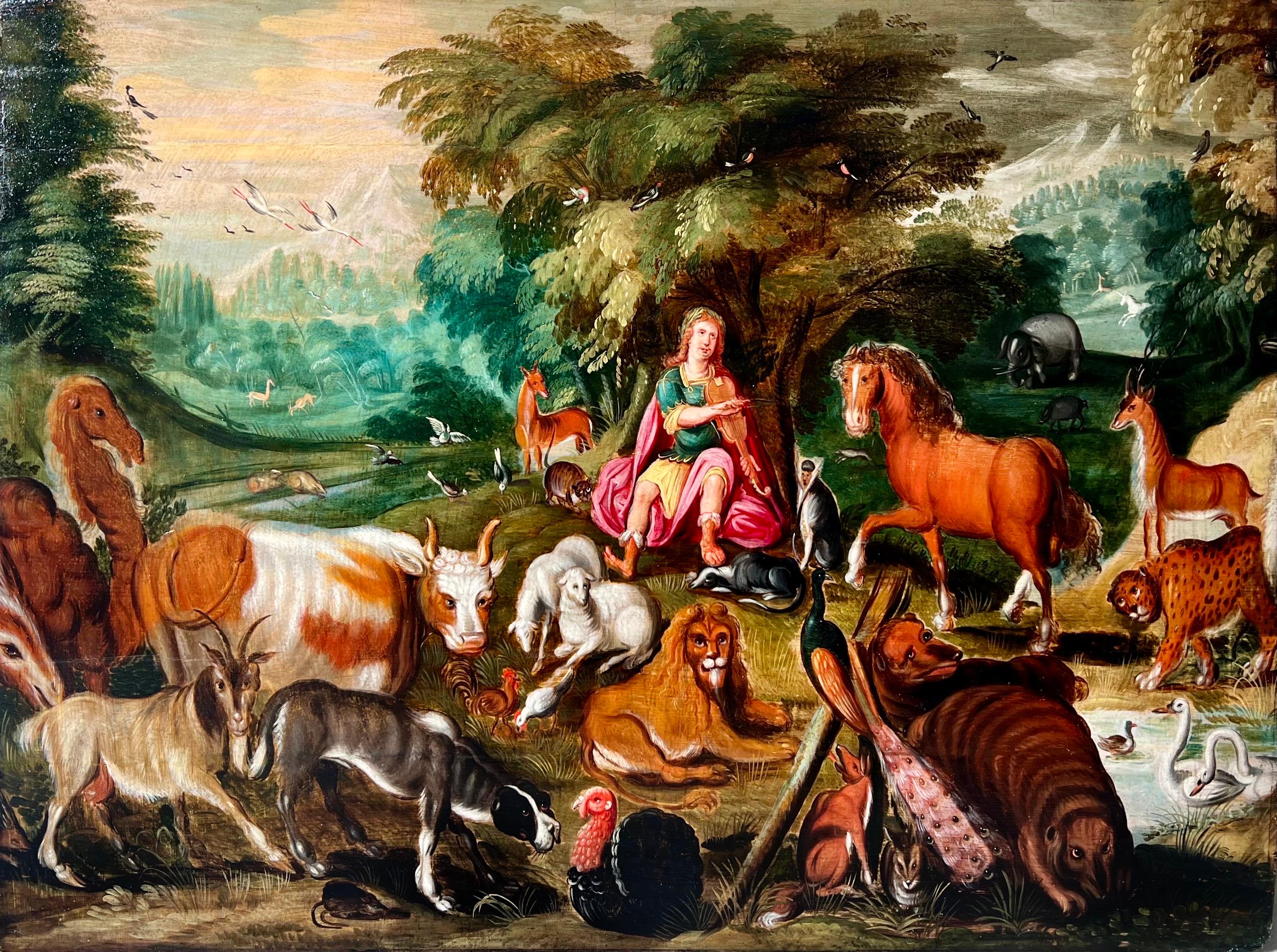 Animal Painting Jacob Bouttats - Masterly flamand du 17e siècle - Orphée charme les animaux avec sa musique