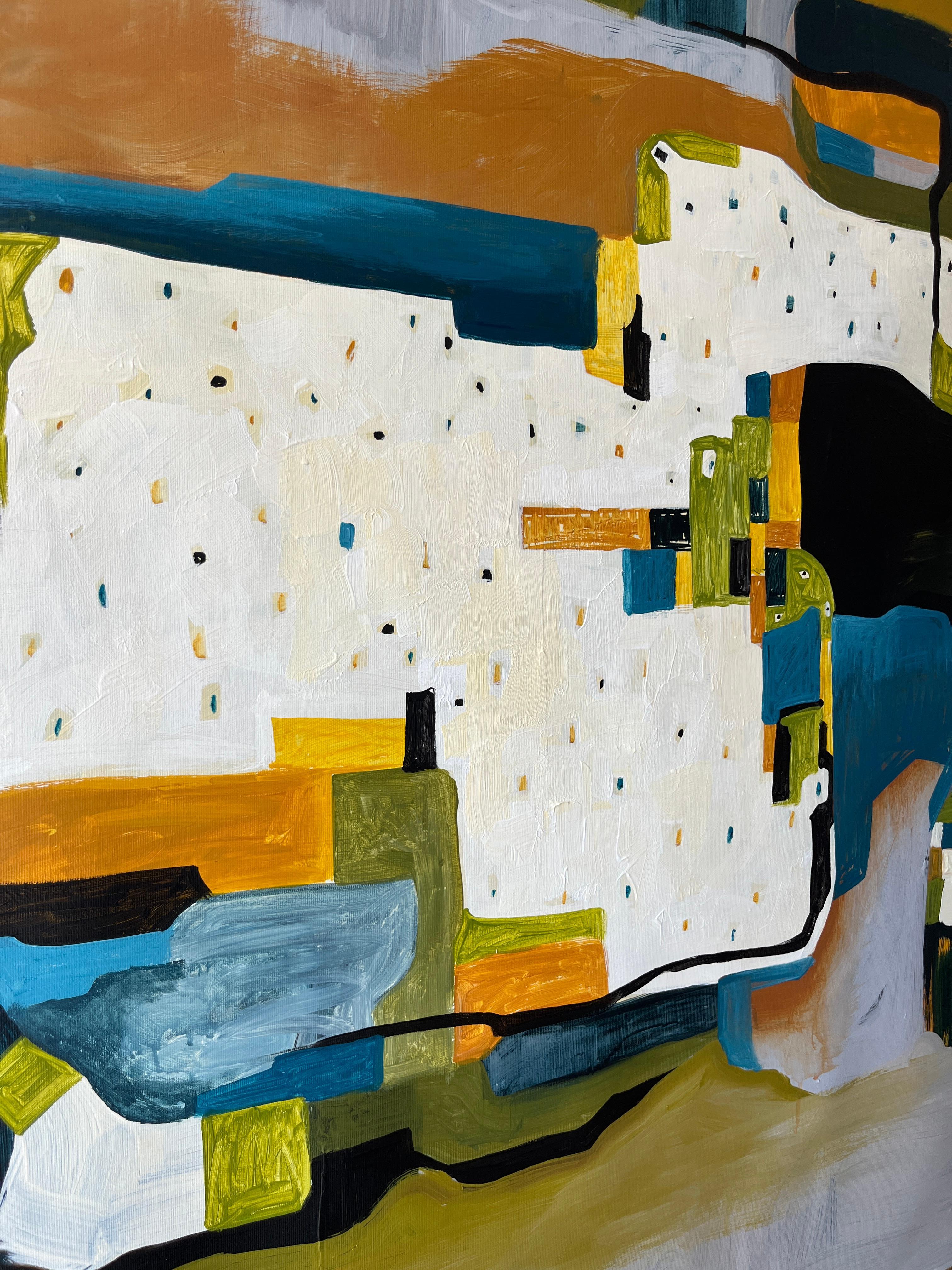 En Encrucijada de pensamientos, el artista  navega por la intersección de la emoción, la memoria y la abstracción espacial. Bloques de color atrevidos pero equilibrados en ocre, azul noche, chartreuse y marfil fluyen entre sí, construyendo un mapa