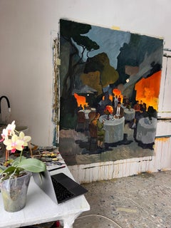 Evening and Black Tea Painting, Figurative Landscape, Large Scale, New