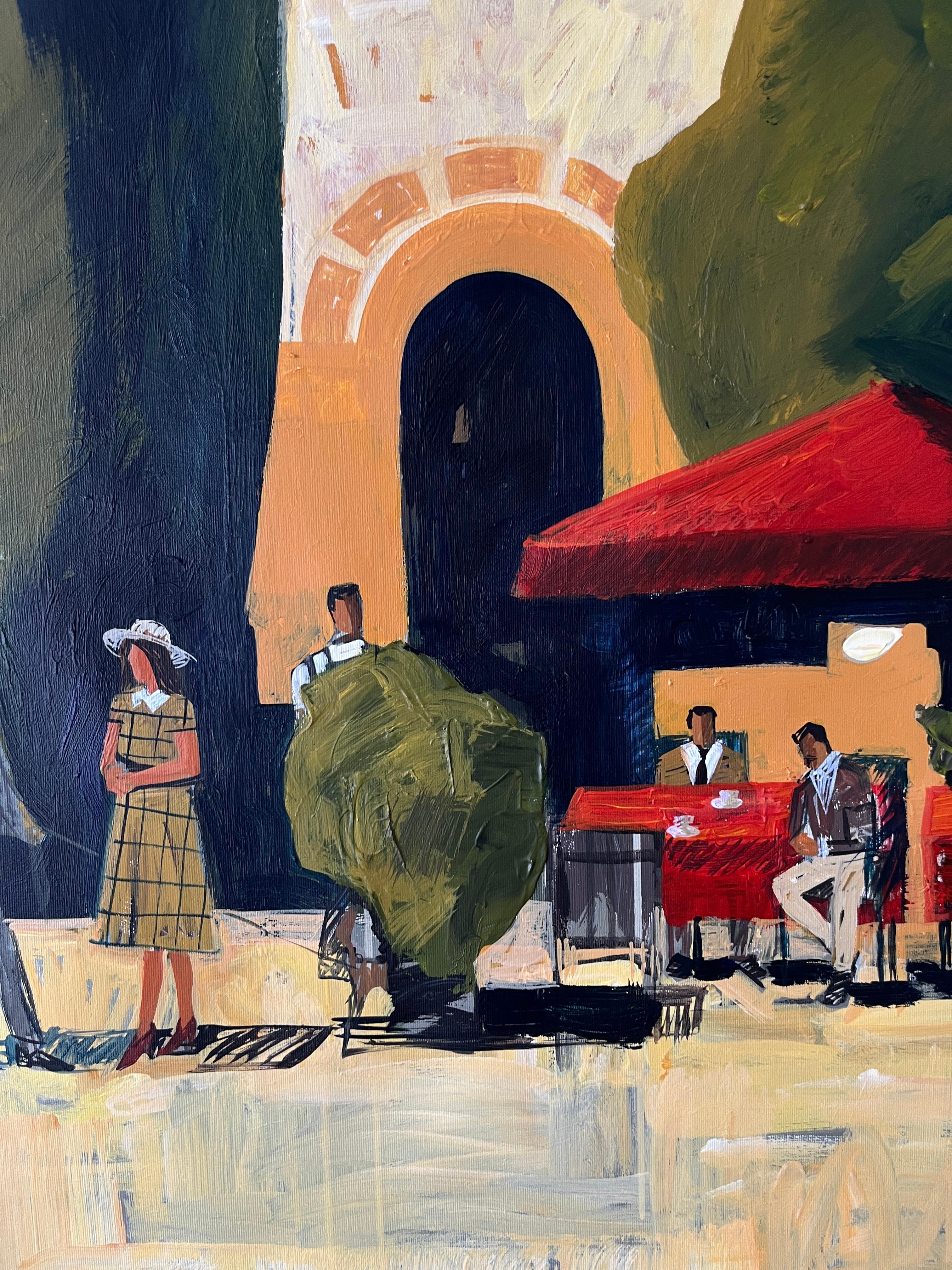 Via della città di sera - Figurative Painting Beige di Jacob Burda 