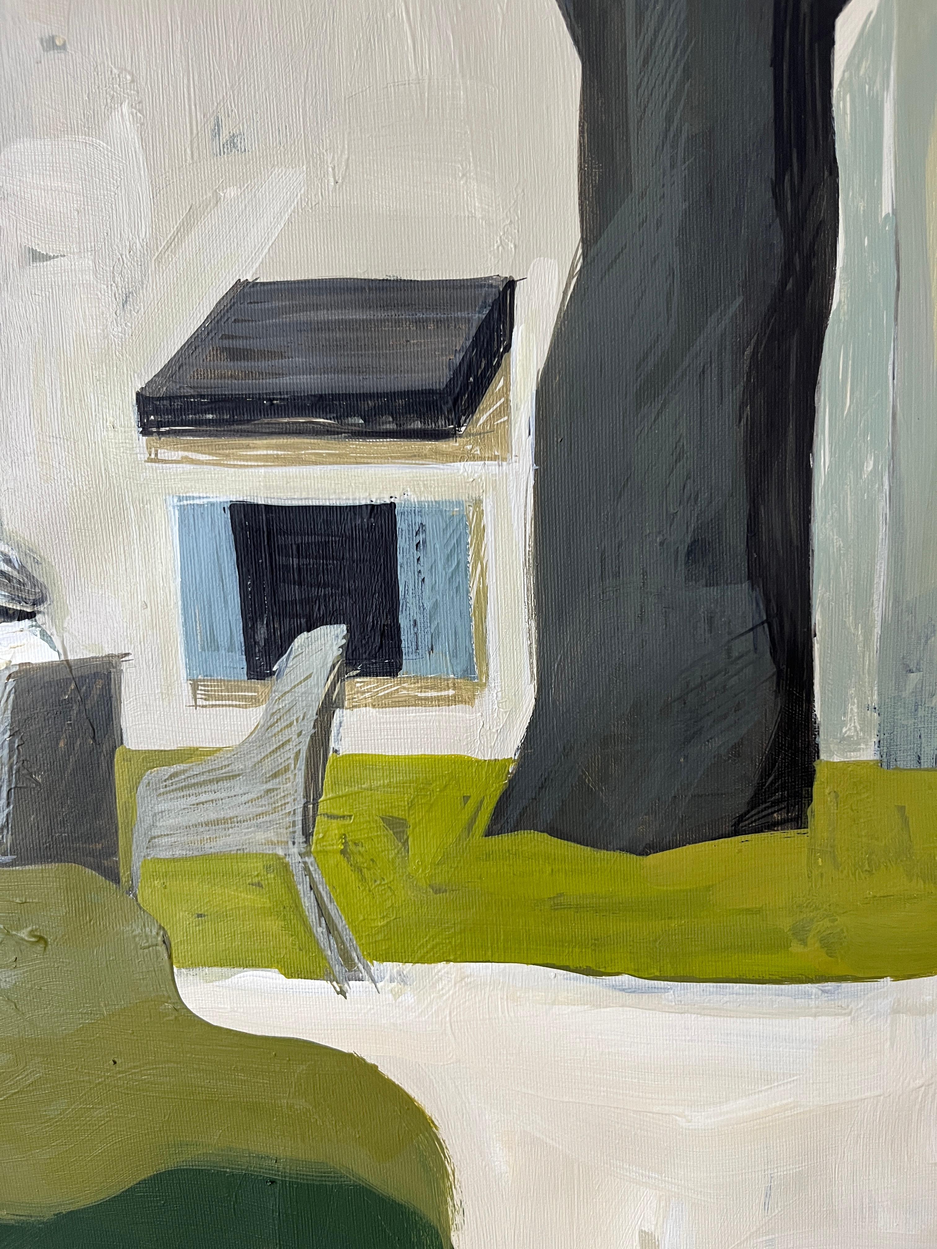 Cette peinture capture un moment de tranquillité dans une rue de la ville en soirée, où des personnages élégants se promènent et se rassemblent près d'un confortable café en plein air. Les tons chauds et dorés de l'architecture contrastent avec les