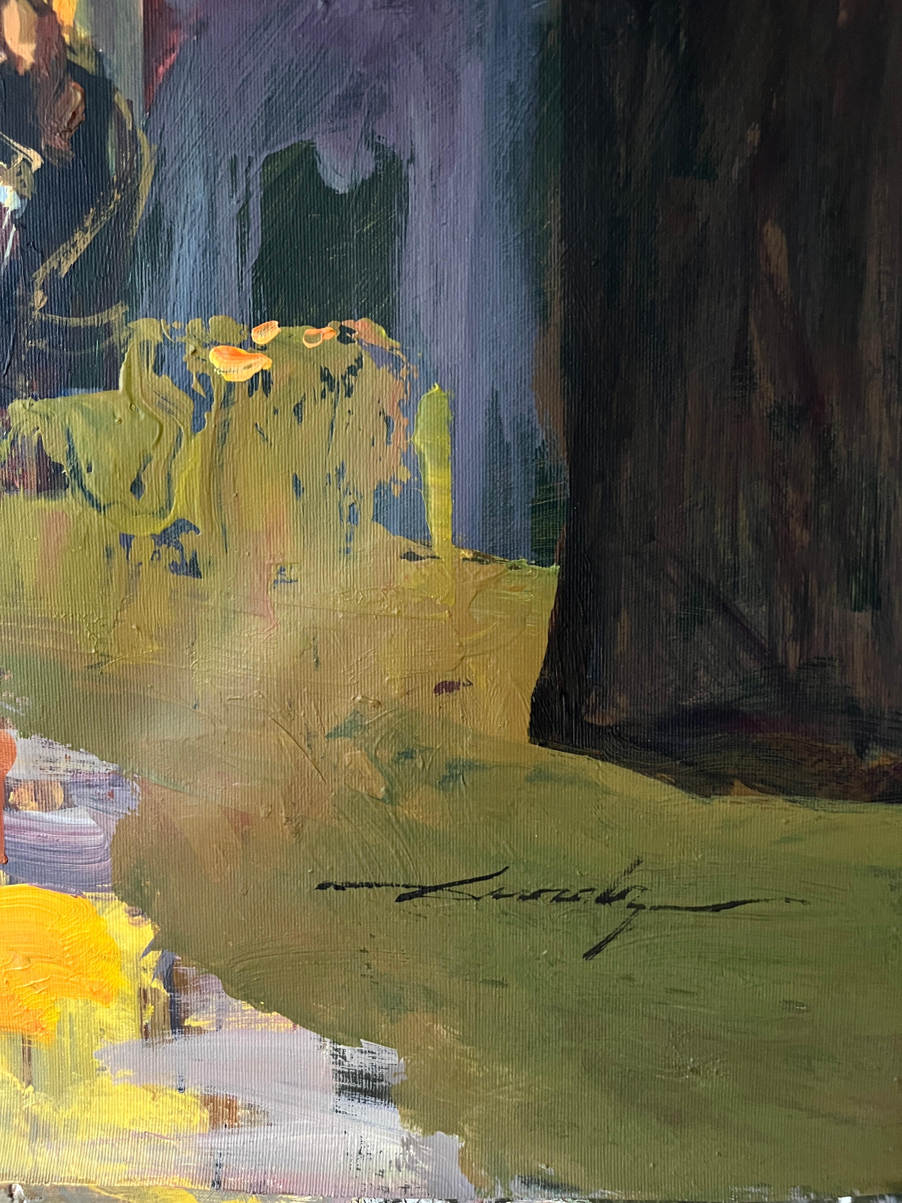 
From the City Stories series, Evening Lights captures the glowing warmth of a café terrace at night. The golden illumination of the building spills onto the pavement, reflecting in vibrant brushstrokes and creating a striking contrast with the deep