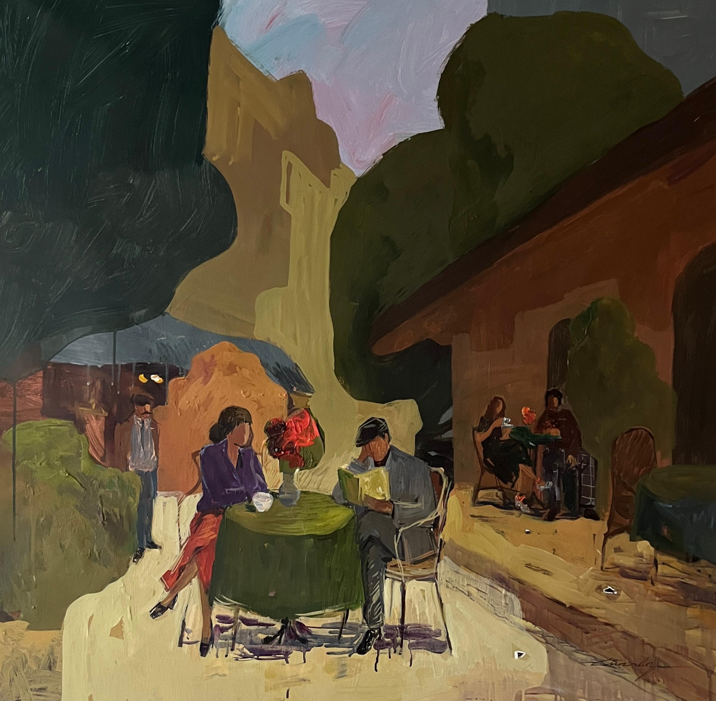 Figurative Painting Jacob Burda  - Table verte avec fleurs rouges