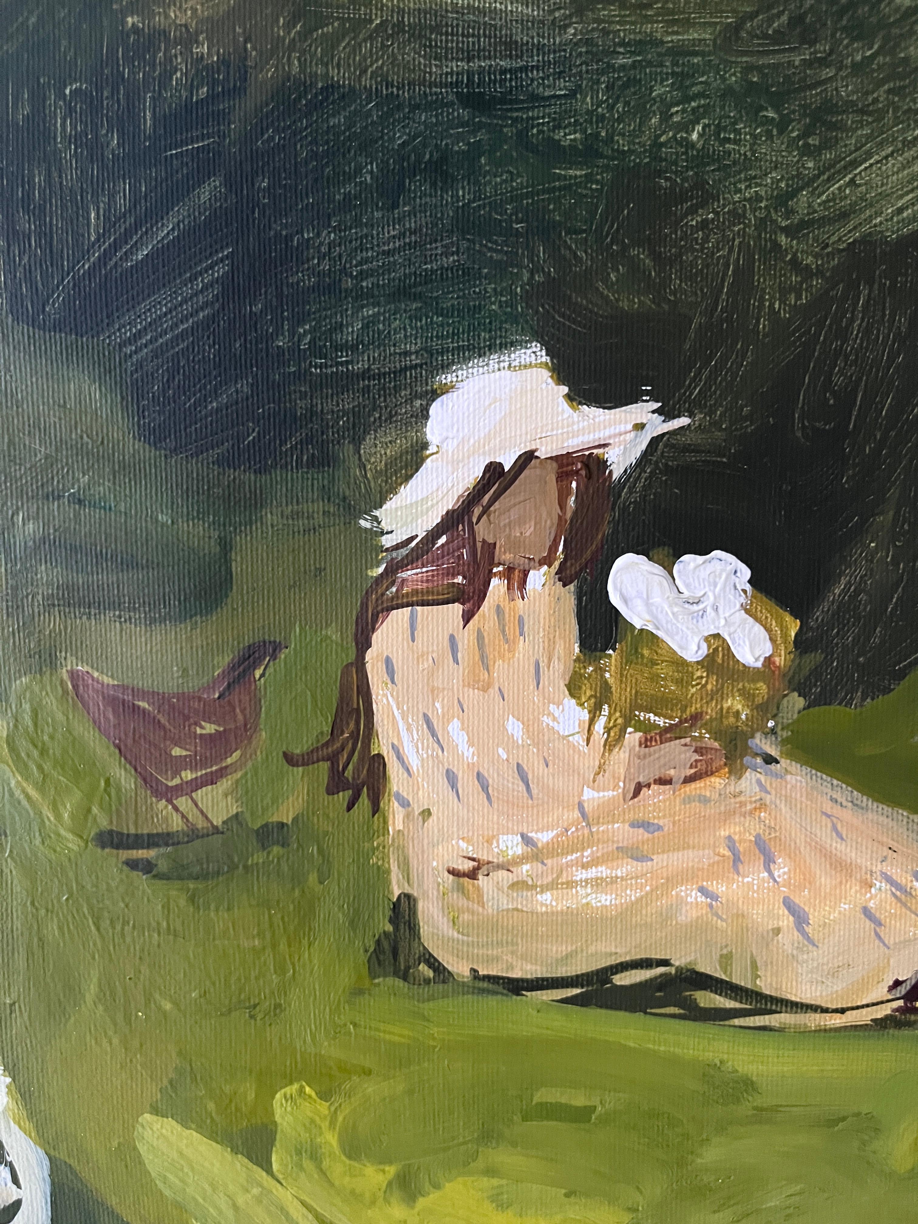 In the Embrace of the Green Garden (Dans l'étreinte du jardin vert) capture une scène d'été sereine remplie de chaleur et d'harmonie tranquille. Une famille se repose sur de l'herbe tendre, entourée d'une végétation luxuriante et d'un doux soleil,