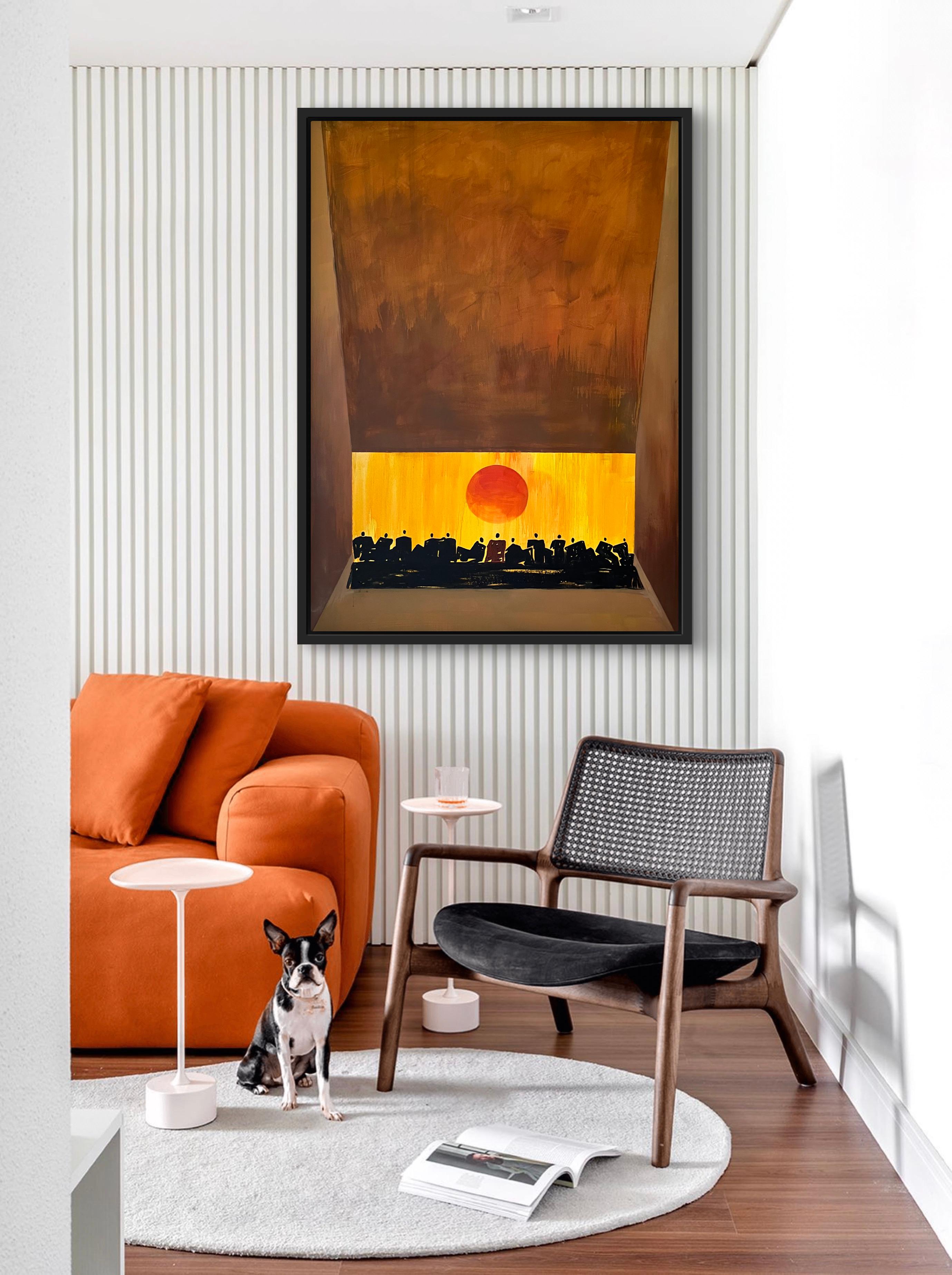 shipped in roll 
A timeless religious scene where Christ gathers with His disciples on the eve of the crucifixion. A red sun looms in the background, symbolizing what is to come, while the figures are depictas dark, silhouettes.

This is the evening