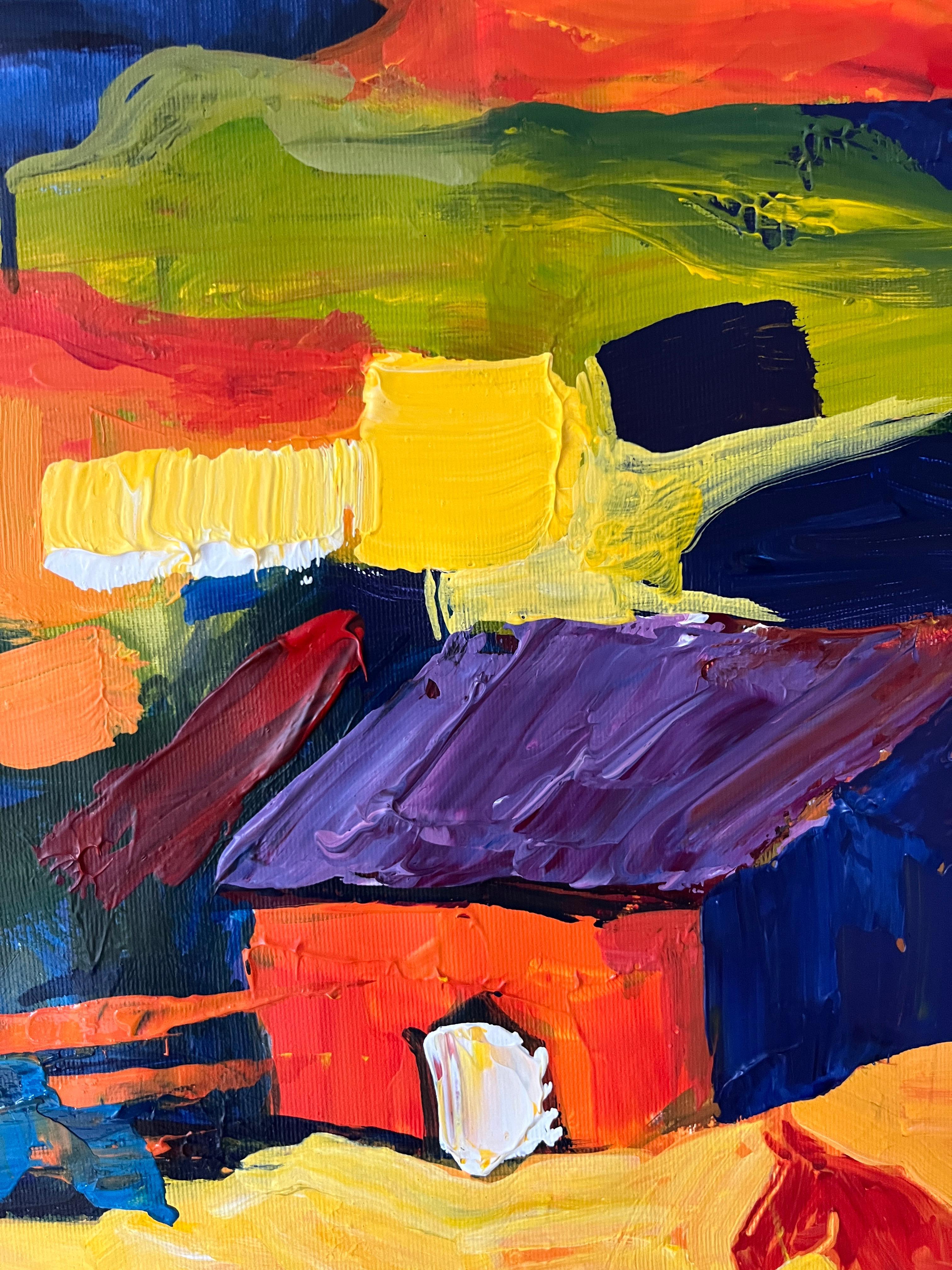 Light After the Rain captures the moment when the world seems to breathe again — when the air is still heavy with moisture, yet the light returns, transforming the landscape into a symphony of color.
A lone figure and a horse stand near a small