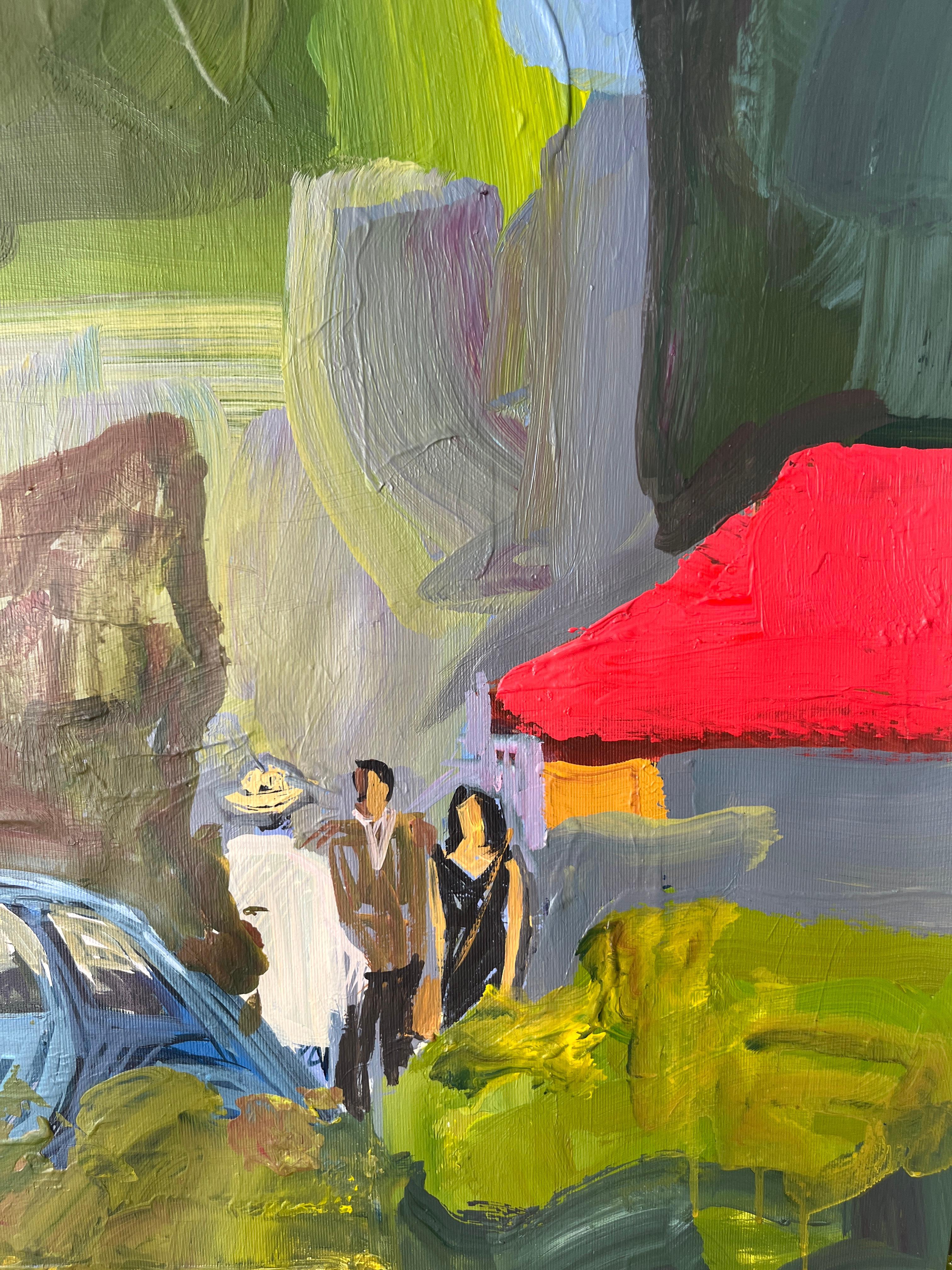 From the City Stories series, New Stories portrays the quiet poetry of urban encounters. Figures gather around a café beneath a bright awning, some pausing in conversation, others simply passing by. A vintage car anchors the foreground, evoking a