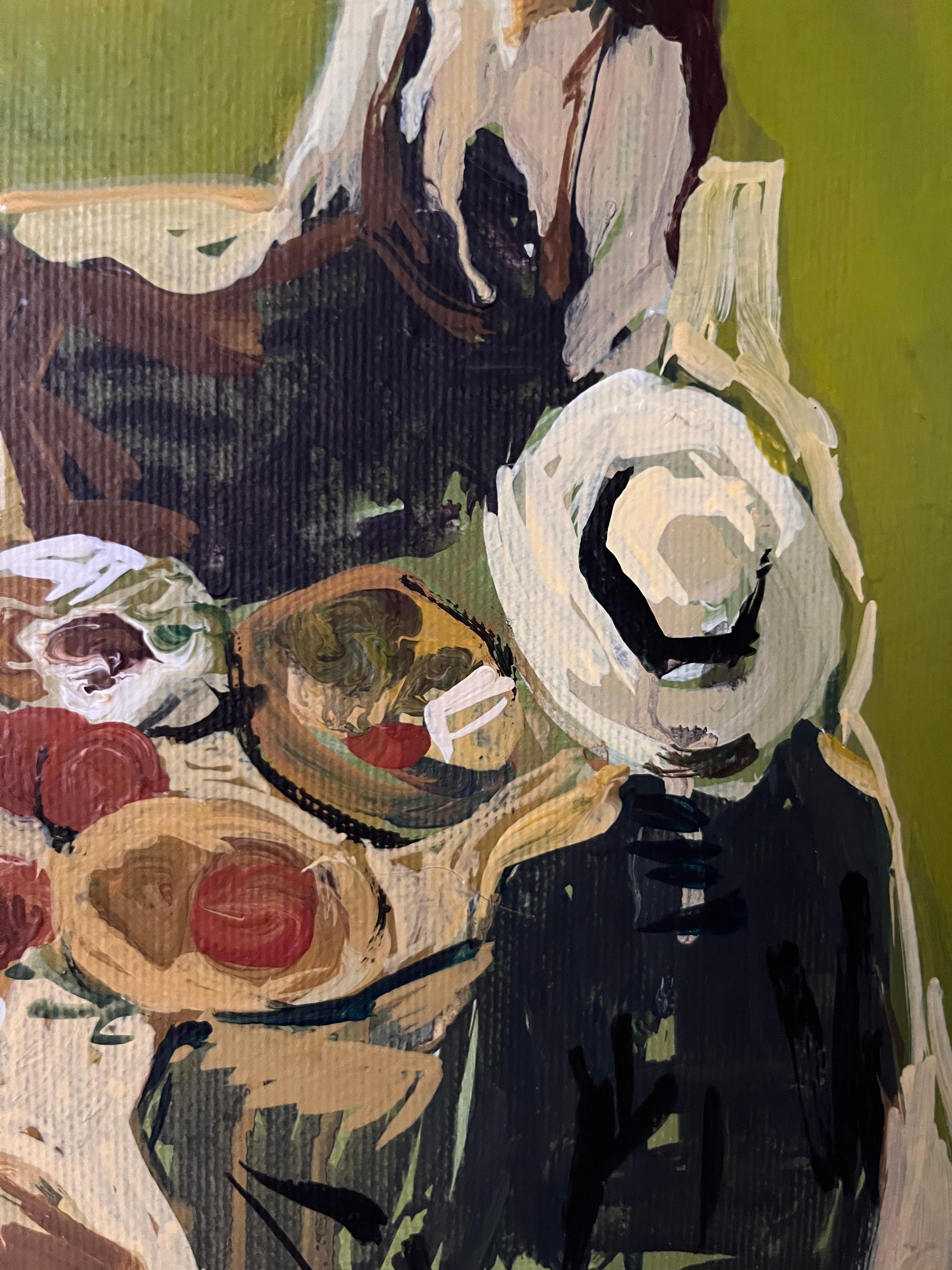 Picknick im Grünen Tal fängt die stille Schönheit eines warmen Nachmittags in der Natur ein. Drei Figuren sitzen zusammen auf einer Decke, umgeben von der Weite eines grünen Tals, in dem das Licht sanft über die Felder fällt. In der Ferne verleiht