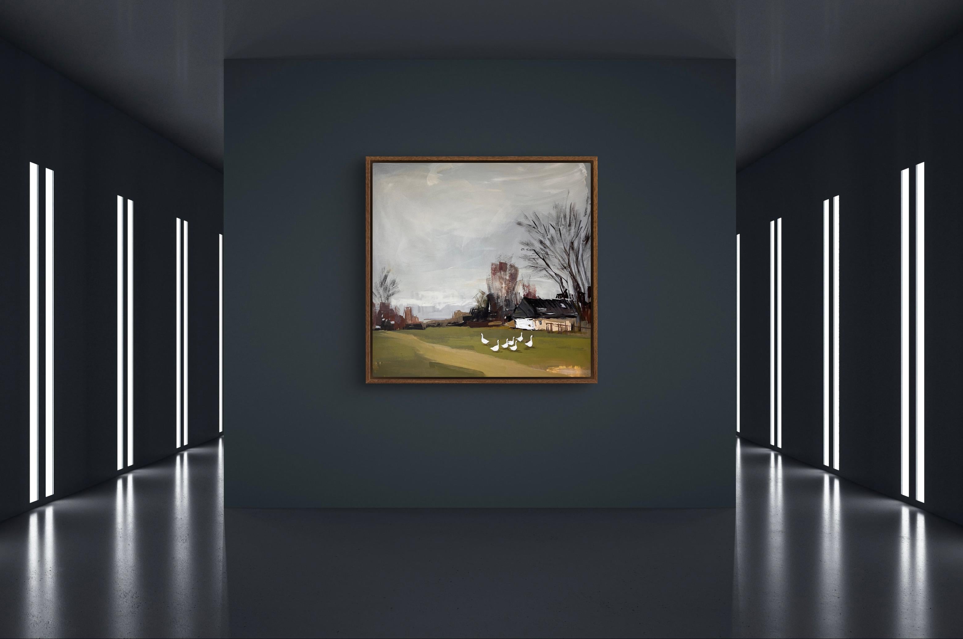 A tranquil rural landscape in which
green grass awakens after winter and a modest rural house rests among the awakening trees surrounded by geese grazing nearby

This painting reflects a serene and poetic atmosphere where renewal, silence and