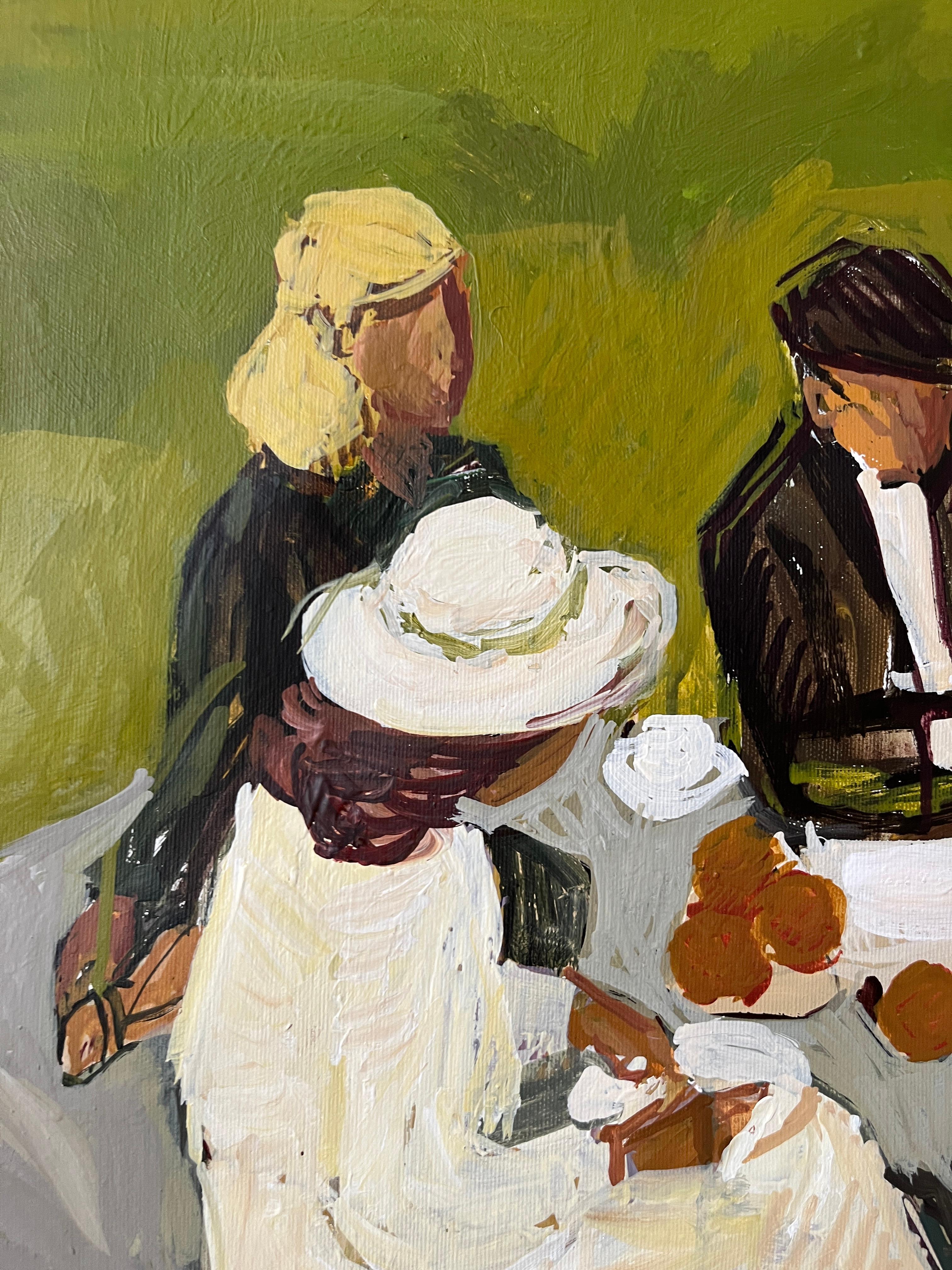 A serene countryside afternoon unfolds in soft green tones, where figures gather in quiet harmony under the vast trees. The artist captures the poetry of leisure — gentle conversations, sunlight on grass, and the warmth of shared presence.

Each