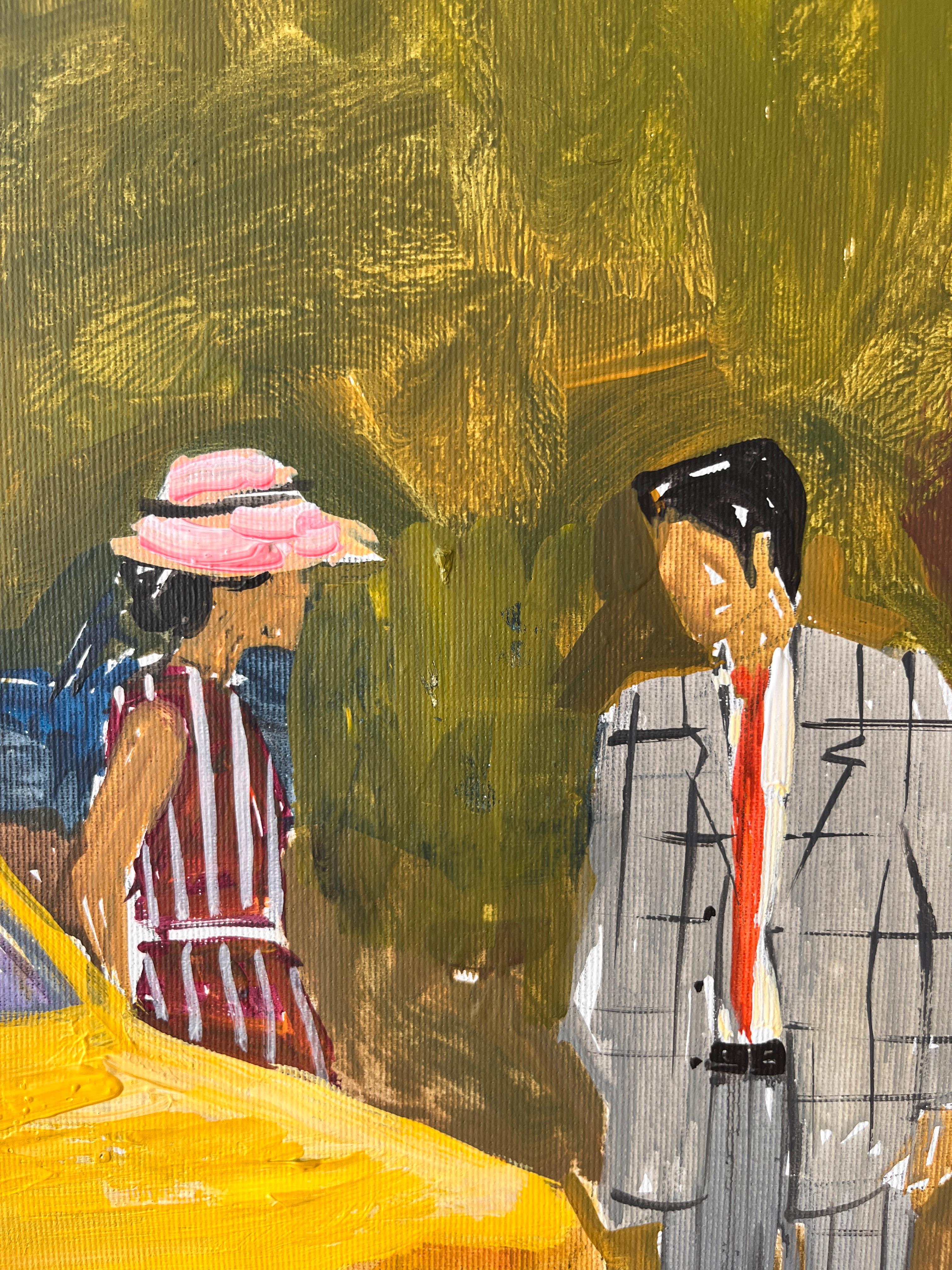 From the City Stories series, this painting captures the vibrant rhythm of urban life bathed in sunlight. The golden tones of the vintage car and the bright dress at the center create a sense of warmth and nostalgia, while the figures walking and