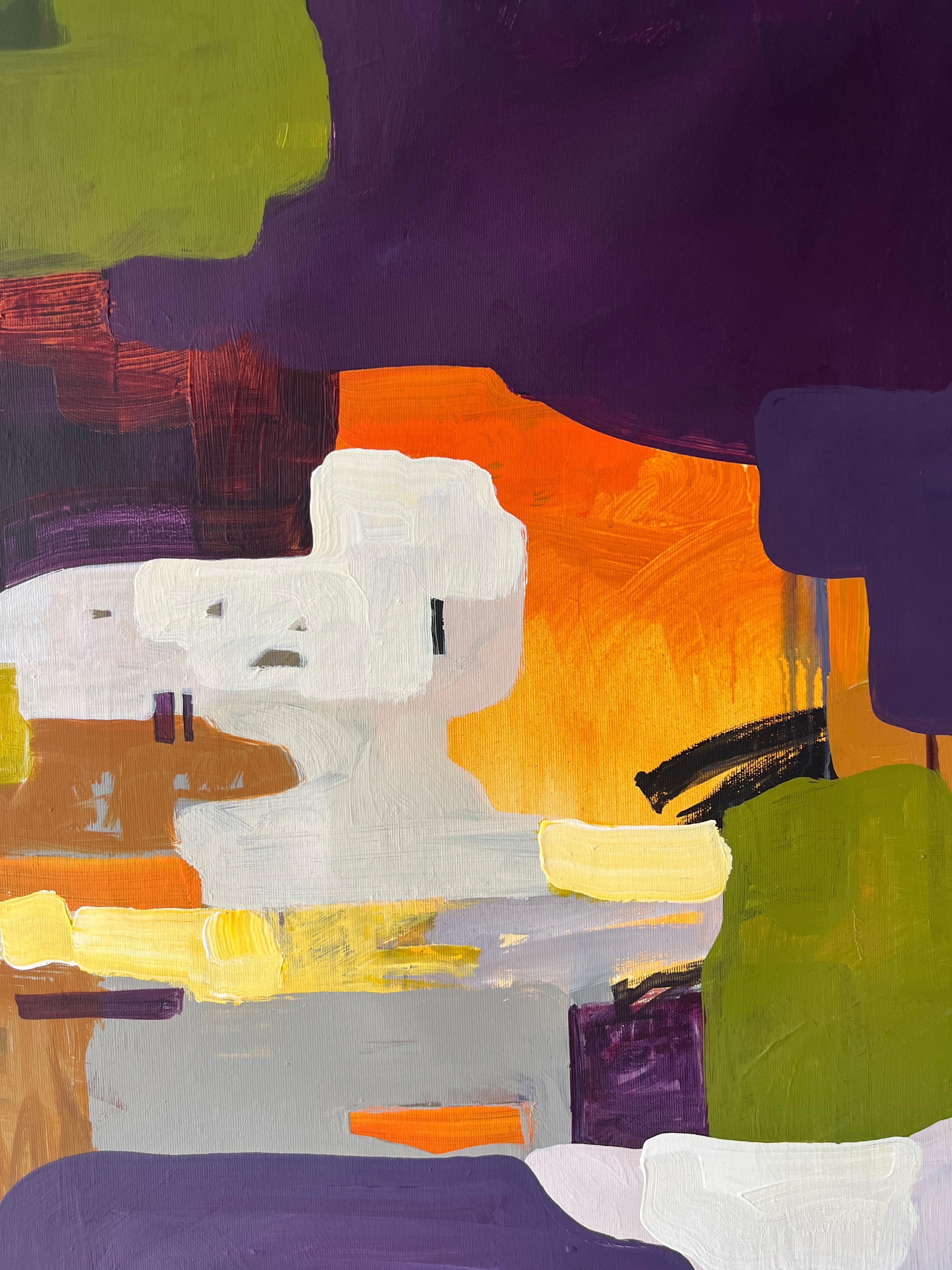 This abstract painting, with its rich palette of purples, ochres, greens, and oranges, evokes the atmosphere of an evening walk through the city. There are no literal buildings or streets — yet one can feel the glow of windows, the softness of