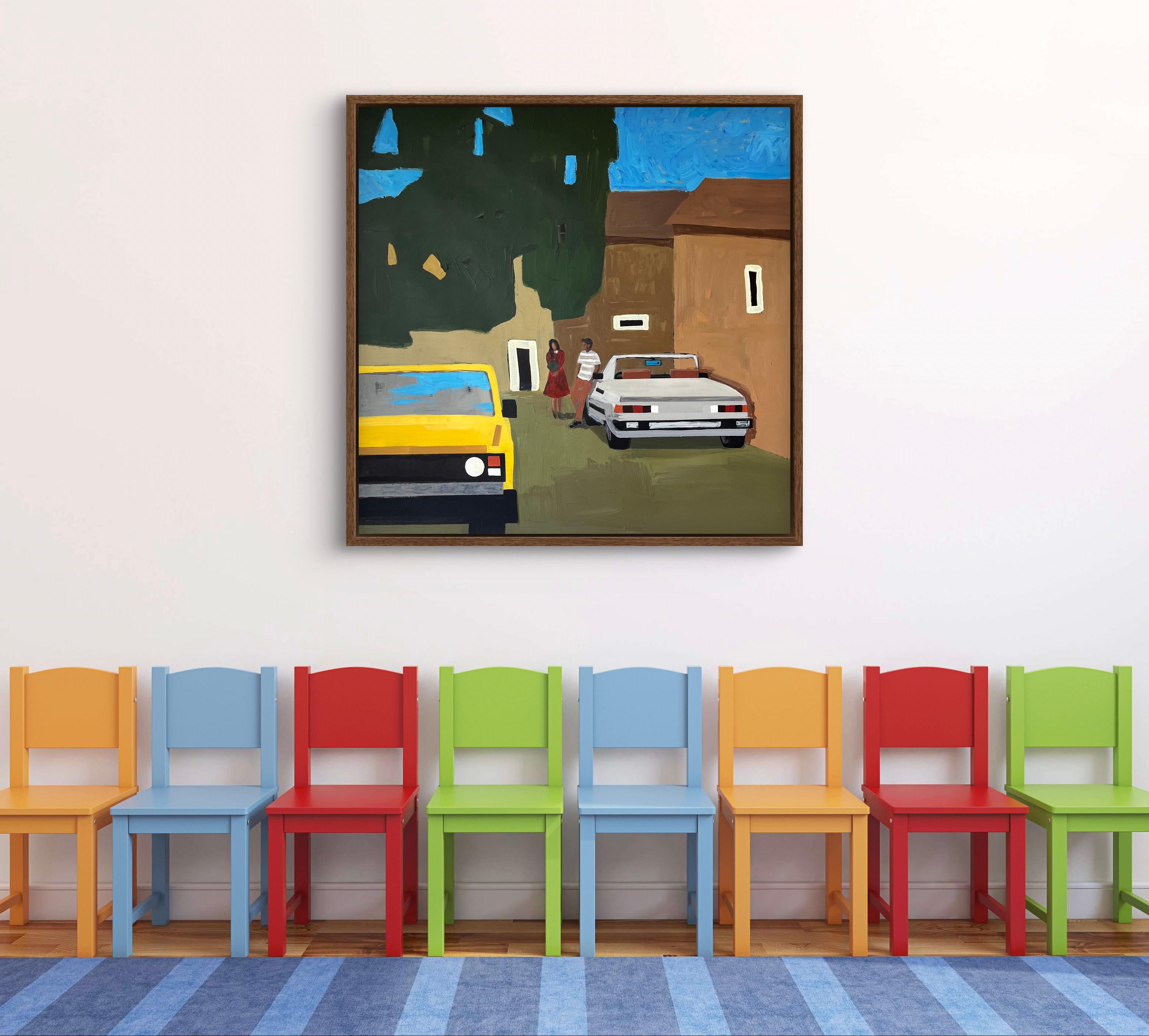 “The Date” is a vibrant urban scene full of life, color and emotional warmth. A young man meets a girl near his convertible under a large tree.

The painting’s bold yellows, blues, reds and greens radiate the brightness of love, anticipation and