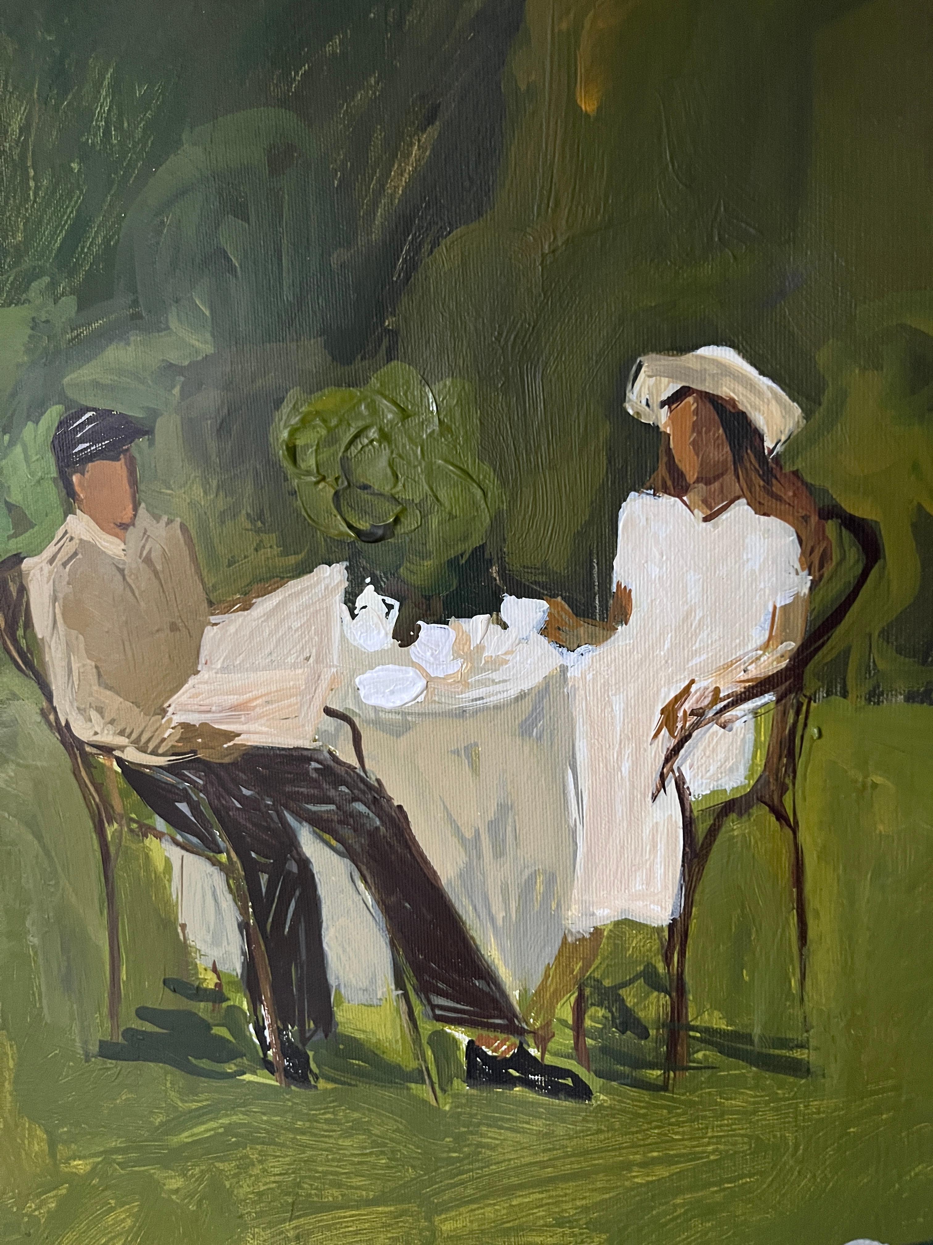 Le temps des hortensias blancs capture la grâce tranquille des jours d'été - lorsque la lumière, la verdure et l'immobilité se fondent en un moment serein. Un couple est assis à une petite table blanche entourée d'hortensias en fleurs, partageant un