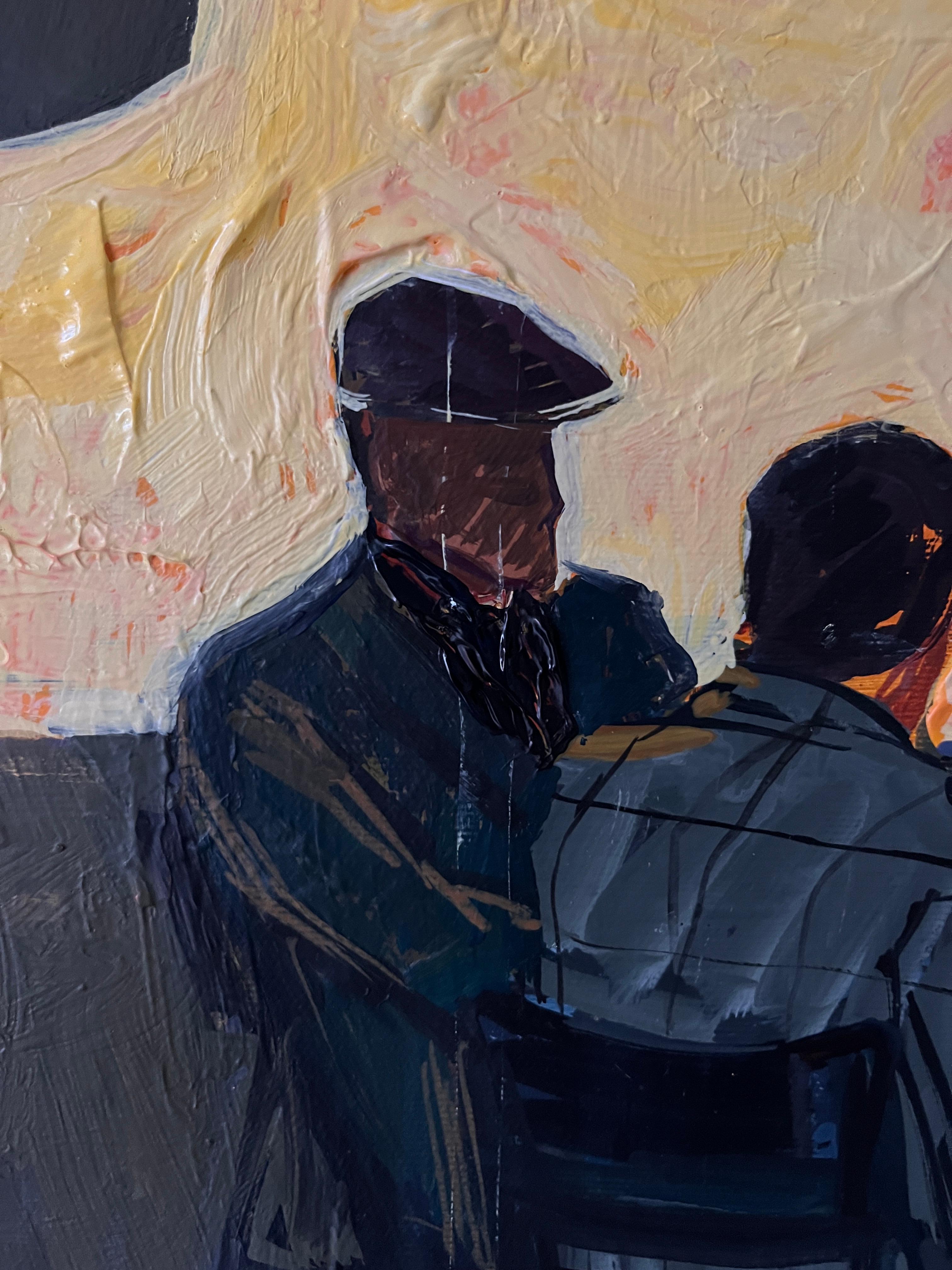 Warm Conversations capture la lueur intime d'une soirée partagée à l'abri des arbres. Un petit groupe de personnes se réunit autour d'une table, éclairée par une douce lumière dorée provenant d'une fenêtre voisine. L'obscurité environnante renforce