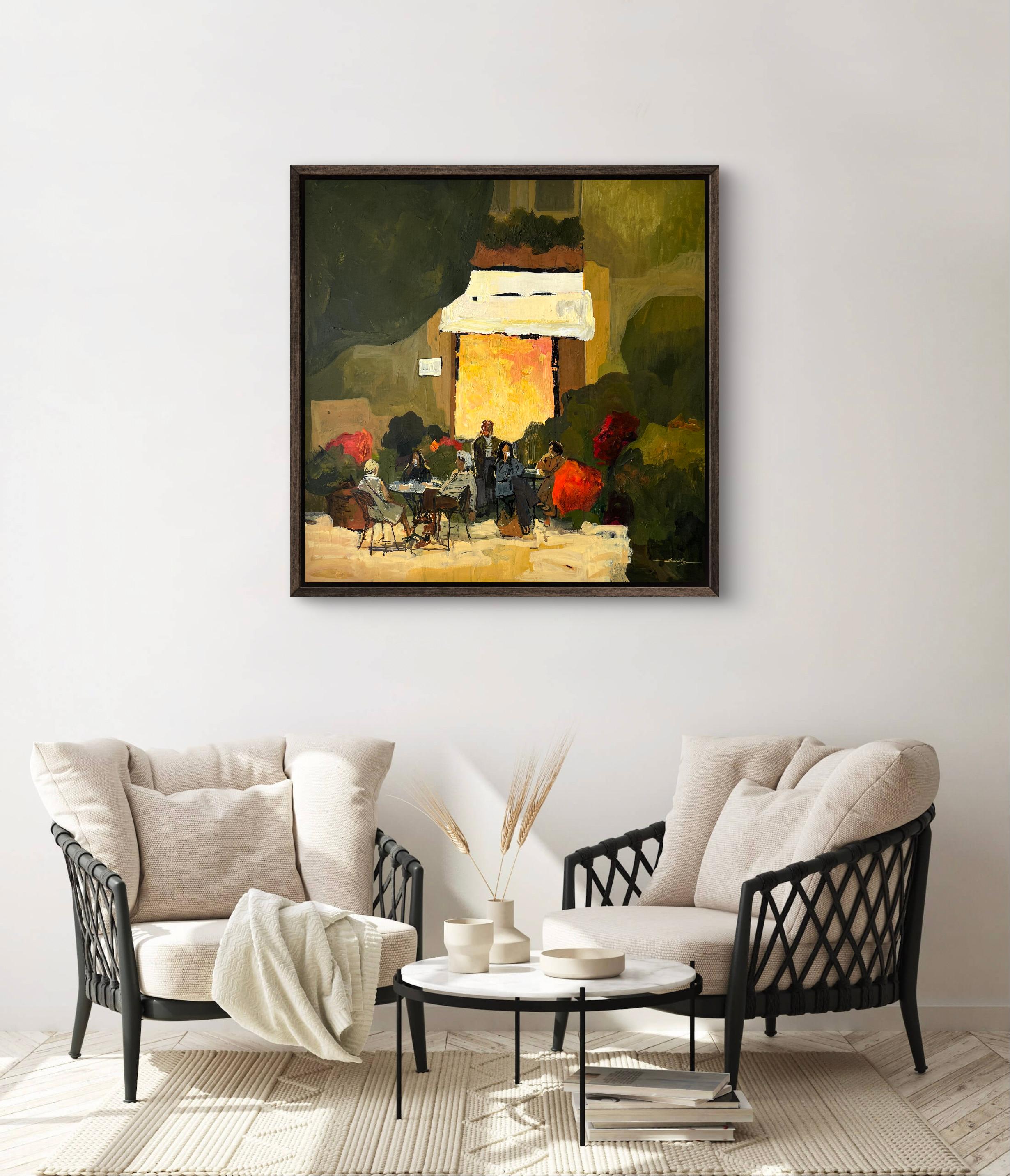 Warm Evening (from the series City Stories)

This painting captures the intimate charm of an urban evening, where the glow of café lights spills into the street and strangers become silent companions of the night. Each table and figure seems wrapped