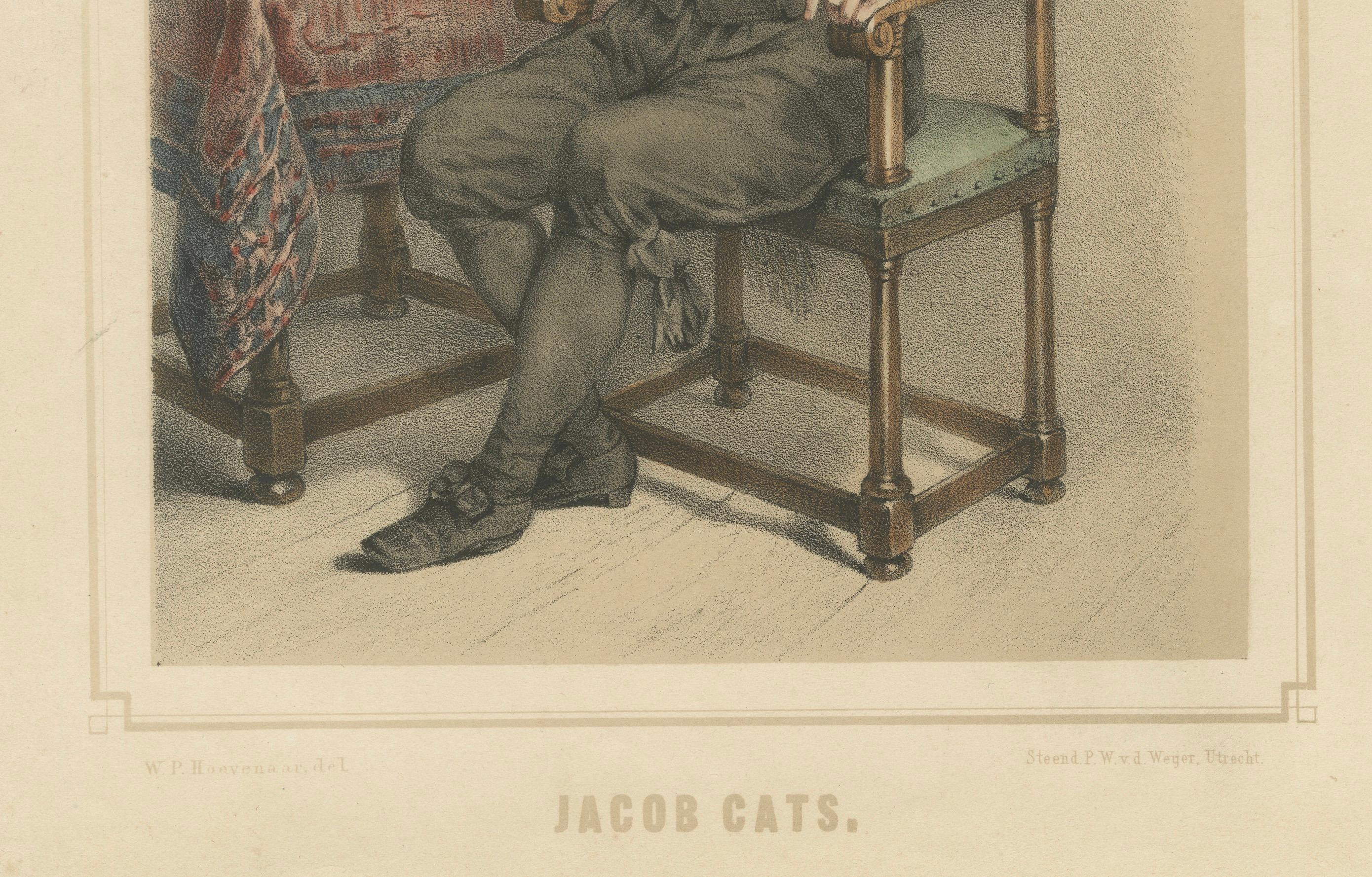 Jacob Cats - Niederländischer Dichter und Staatsmann, handkolorierte Lithographie aus dem 19. im Zustand „Gut“ im Angebot in Langweer, NL