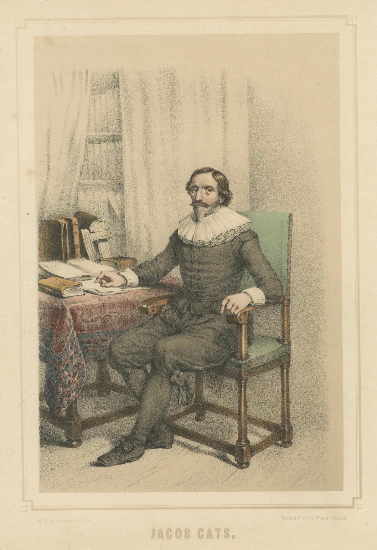 Jacob Cats - Niederländischer Dichter und Staatsmann, handkolorierte Lithographie aus dem 19. im Angebot 1