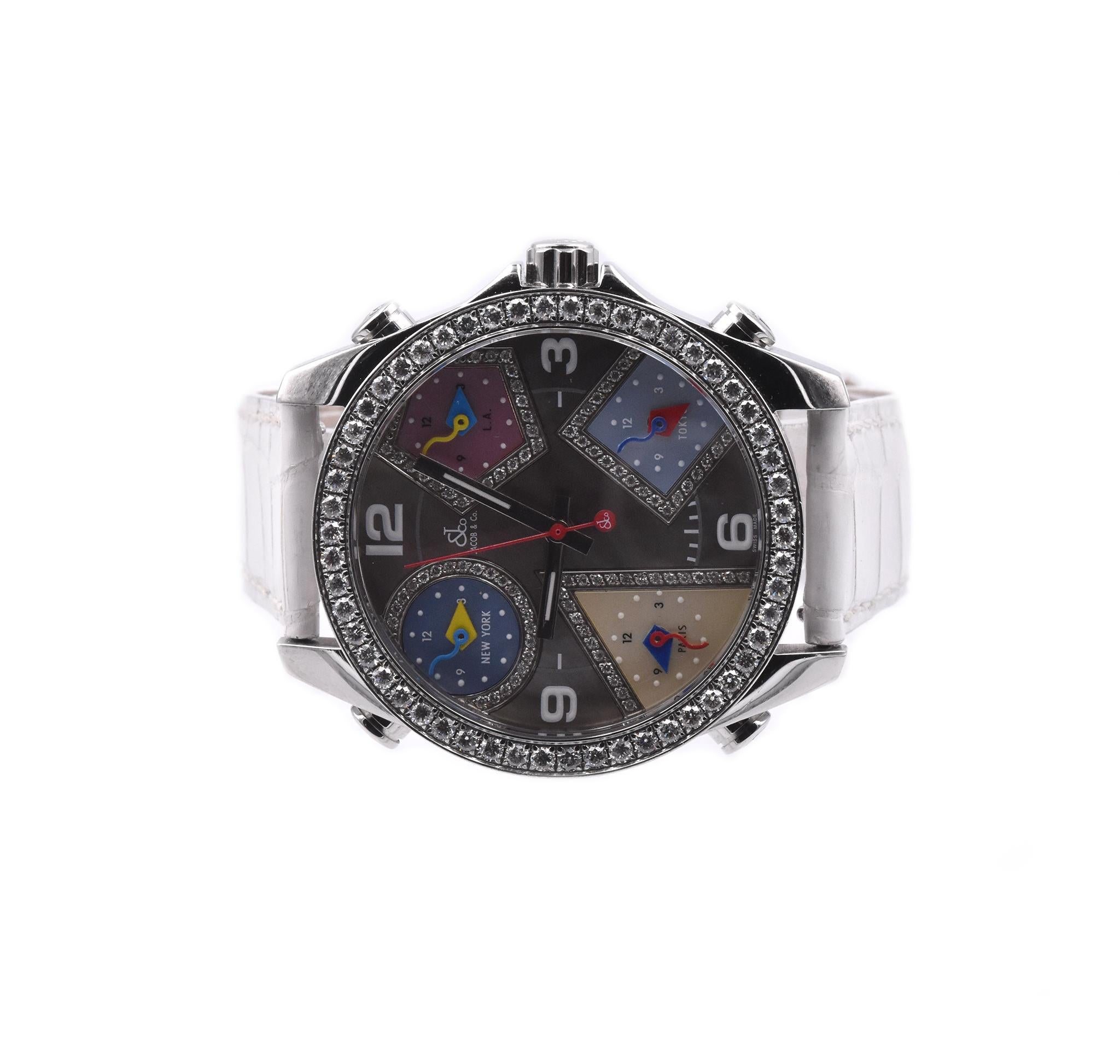 Jacob & Co Fünf Zeitzonen-Uhr mit Diamant-Lünette, Diamant-Perlmutt (Carréeschliff)