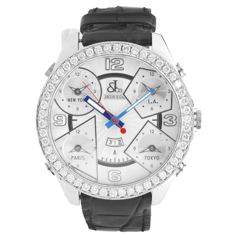 Jacob and Co 5 Time Zone Watch w/ Diamond Bezel, Diamond Mother of Pearl Dial at 1stDibs