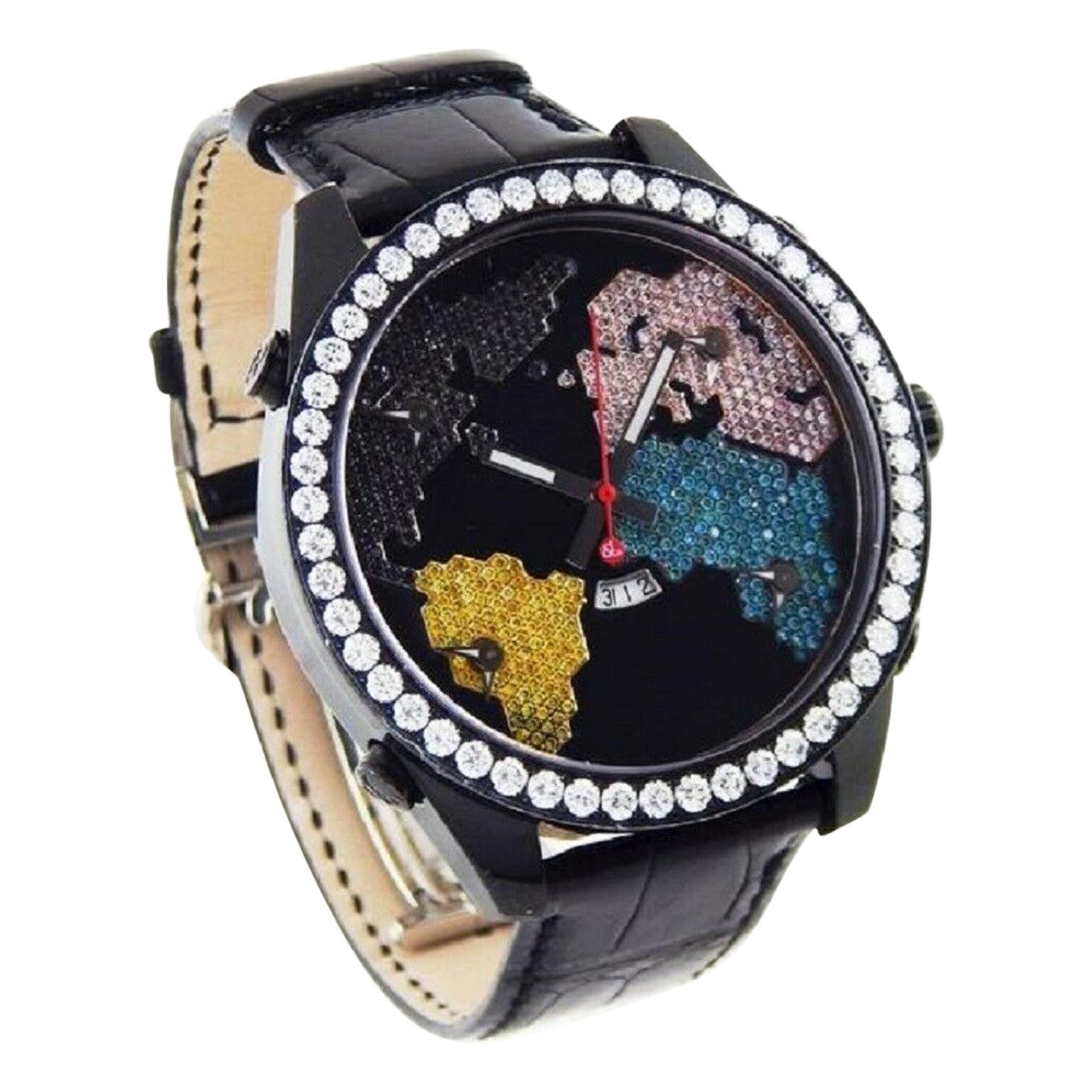 Jacob & Co. 5-Time Zone Diamond "The World is Yours" Black PVD Watch For Sale