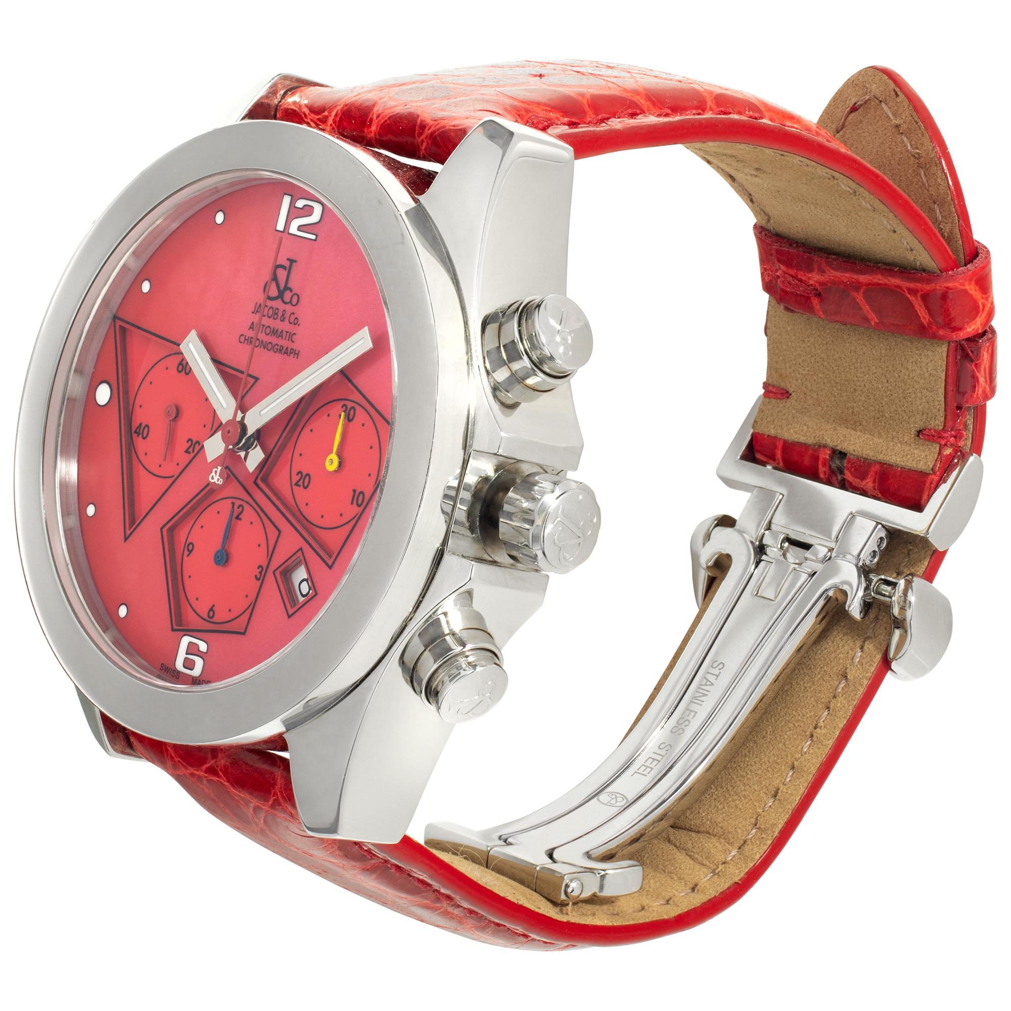 Jacob & Co Chronograph ACM-7 in stainless steel with red mother of pearl dial on red alligator strap with J&Co. steel deployant buckle. Auto w/chronograph & date. 40 mm case size. With box. Ref ACM-7. Fine Pre-owned Jacob & Co. Watch.

 Certified