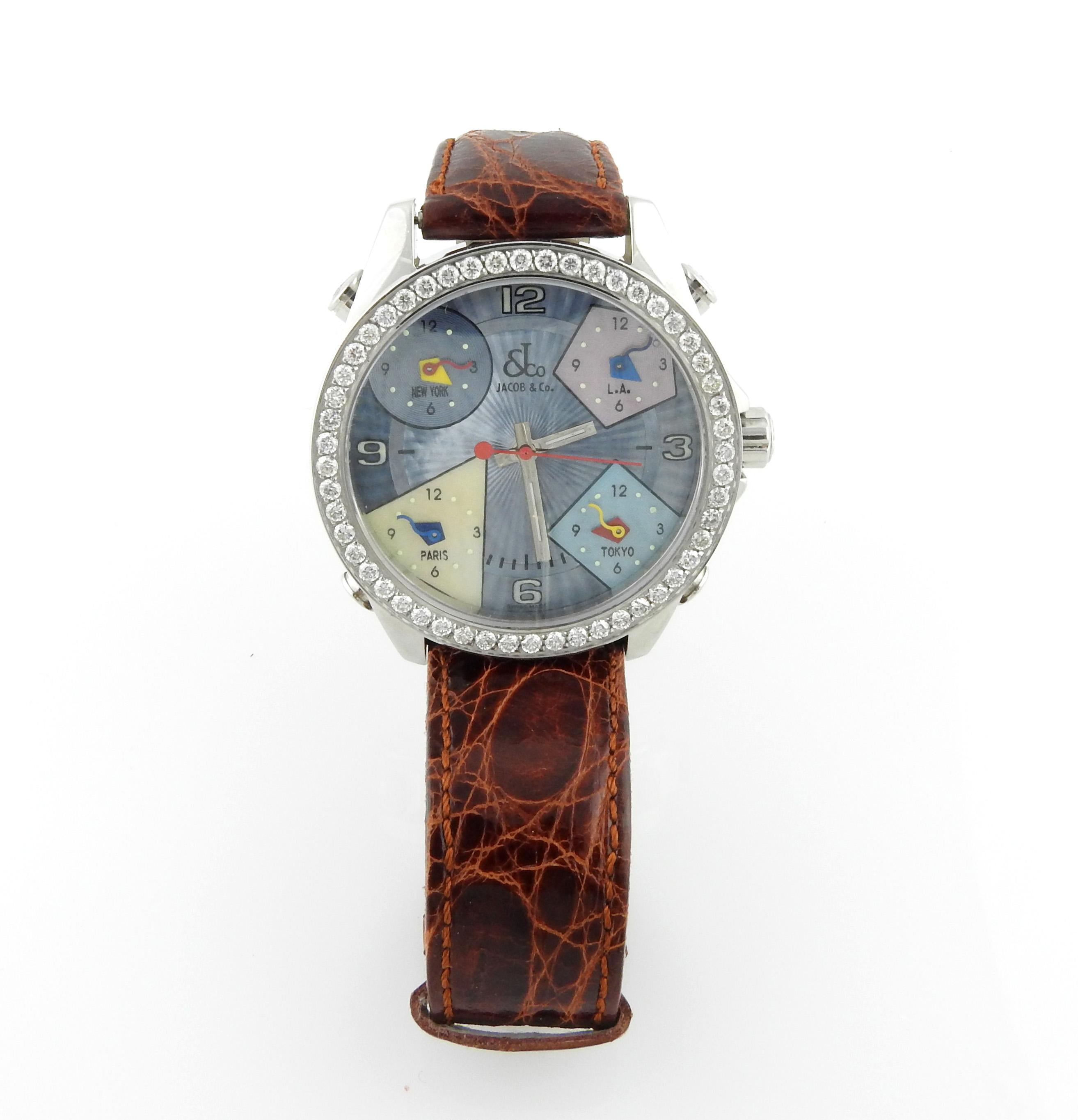 Jacob & Co. Diamond Five Time Zones Watch Blue Mother of Pearl Dial 3