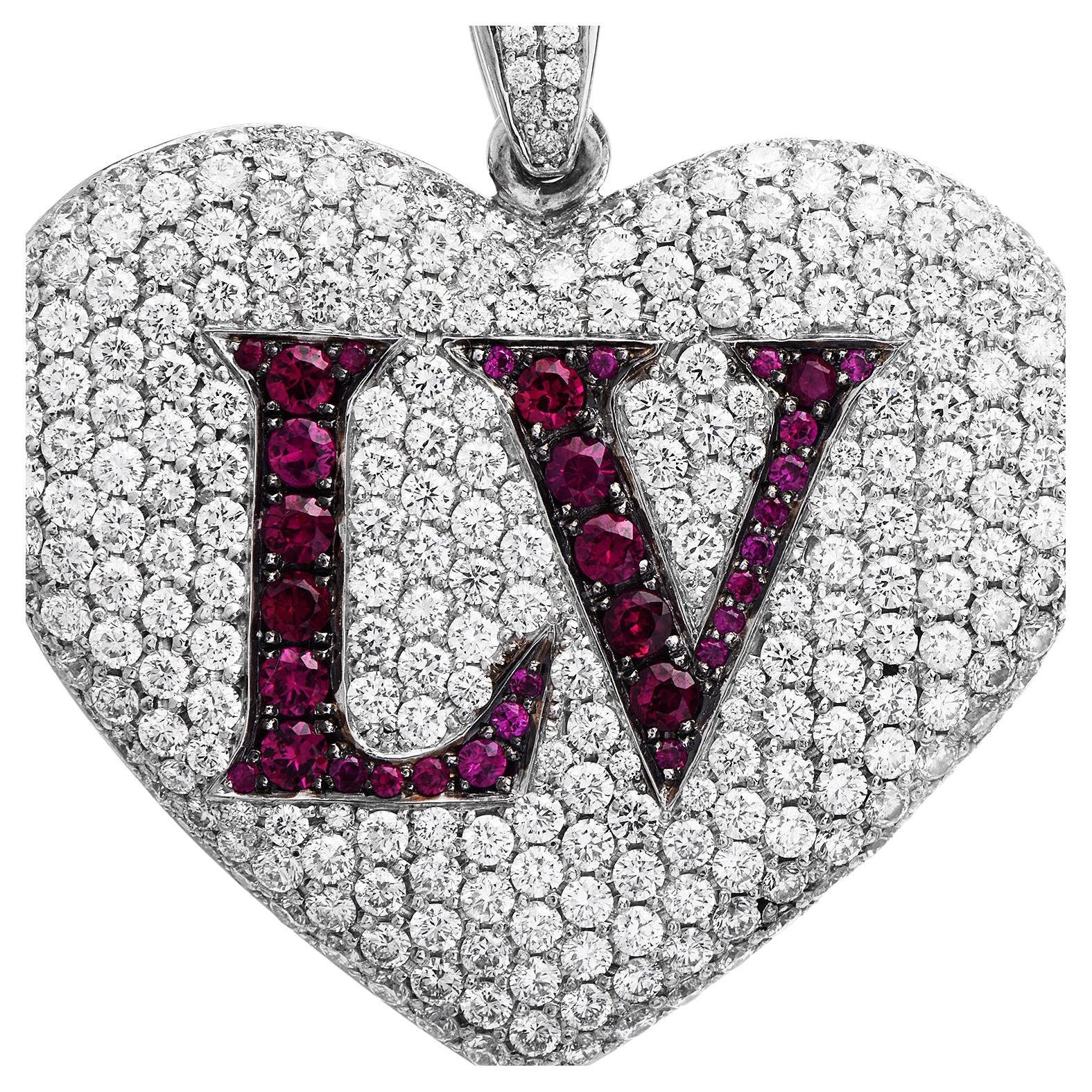 Jacob & Co. Diamond Ruby 18K White GoldCluster "Love" Heart Pendant
