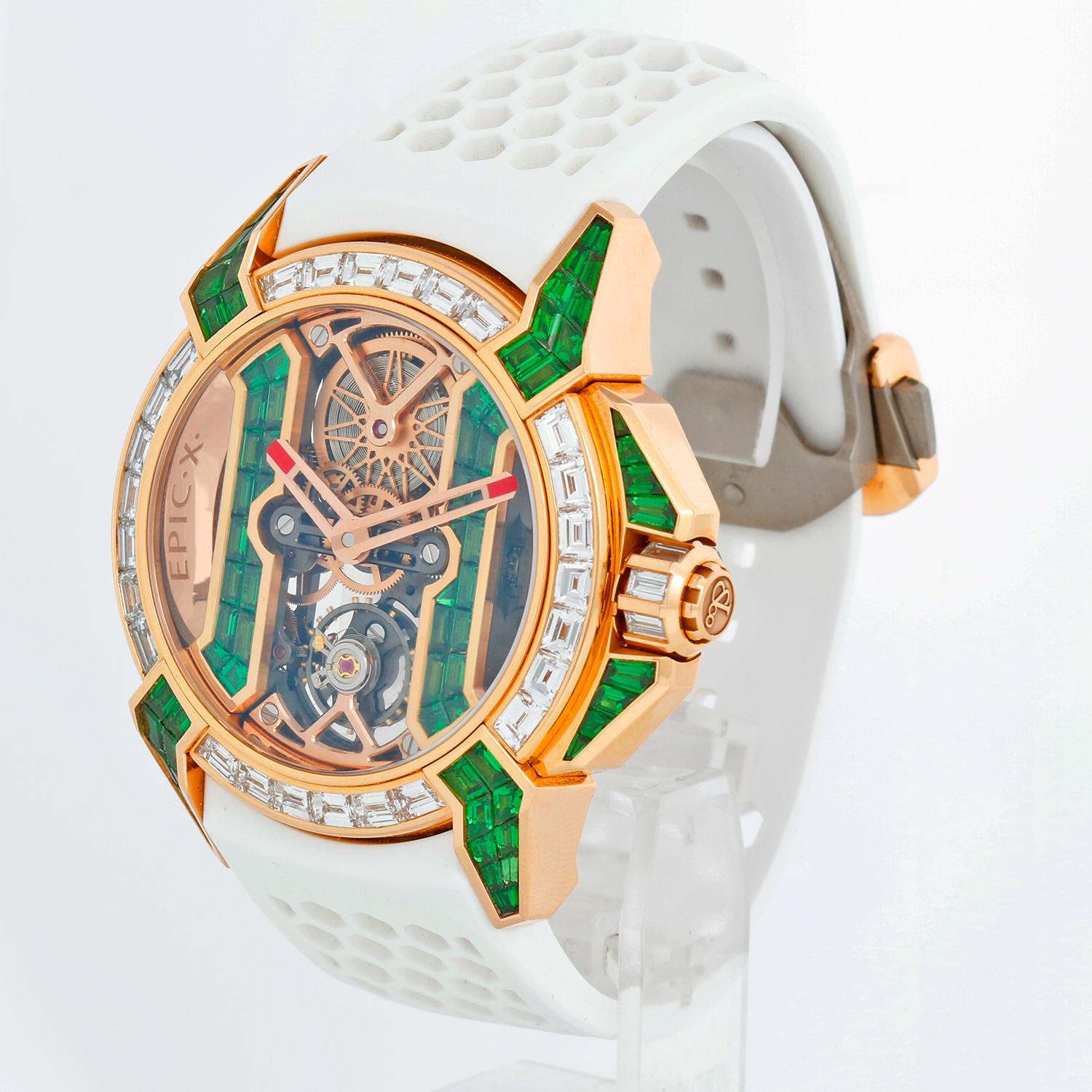 Jacob & Co. Epic X 2022 Baguette Mens Watch EX820.43.AB.AB.A - Manual winding. 18K Rose Gold and stainless steel with Bezel set with 26 Baguette white diamonds; Crown set with 8 Baguette White diamonds; Crown set with 8 Baguette Tsavorites. Lug set