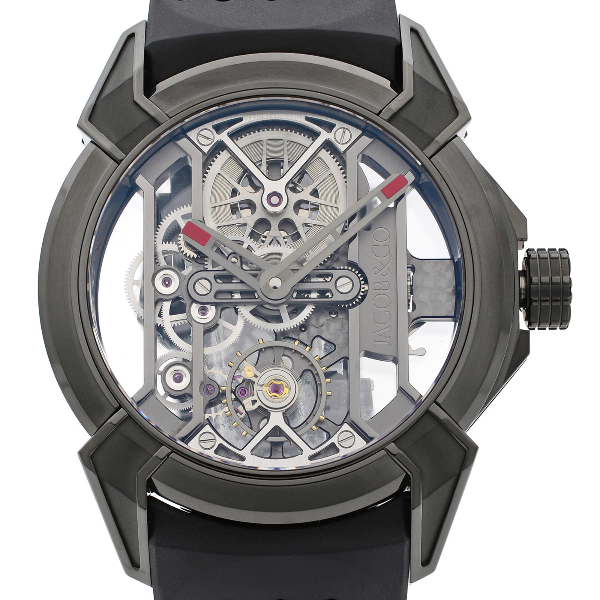 This New With Defects Jacob & Co Epic X EX100.21.PS.BW.A is a beautiful men's timepiece that is powered by mechanical (hand-winding) movement which is cased in a titanium case. It has a round shape face, no features dial and has hand unspecified