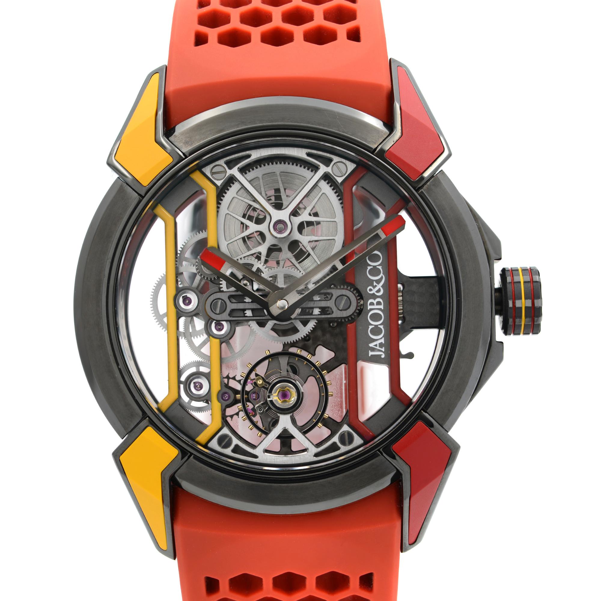 Unworn Jacob & Co Epic X Titanium Skeleton Dial Hand-Wind Men's Watch EX100.21.CR.CB.ALD4A This Beautiful Timepiece is Powered by Mechanical (Manual) Movement And Features: Round Black, Orange, & Red Titanium Case with a Red Rubber Honeycomb Buckle