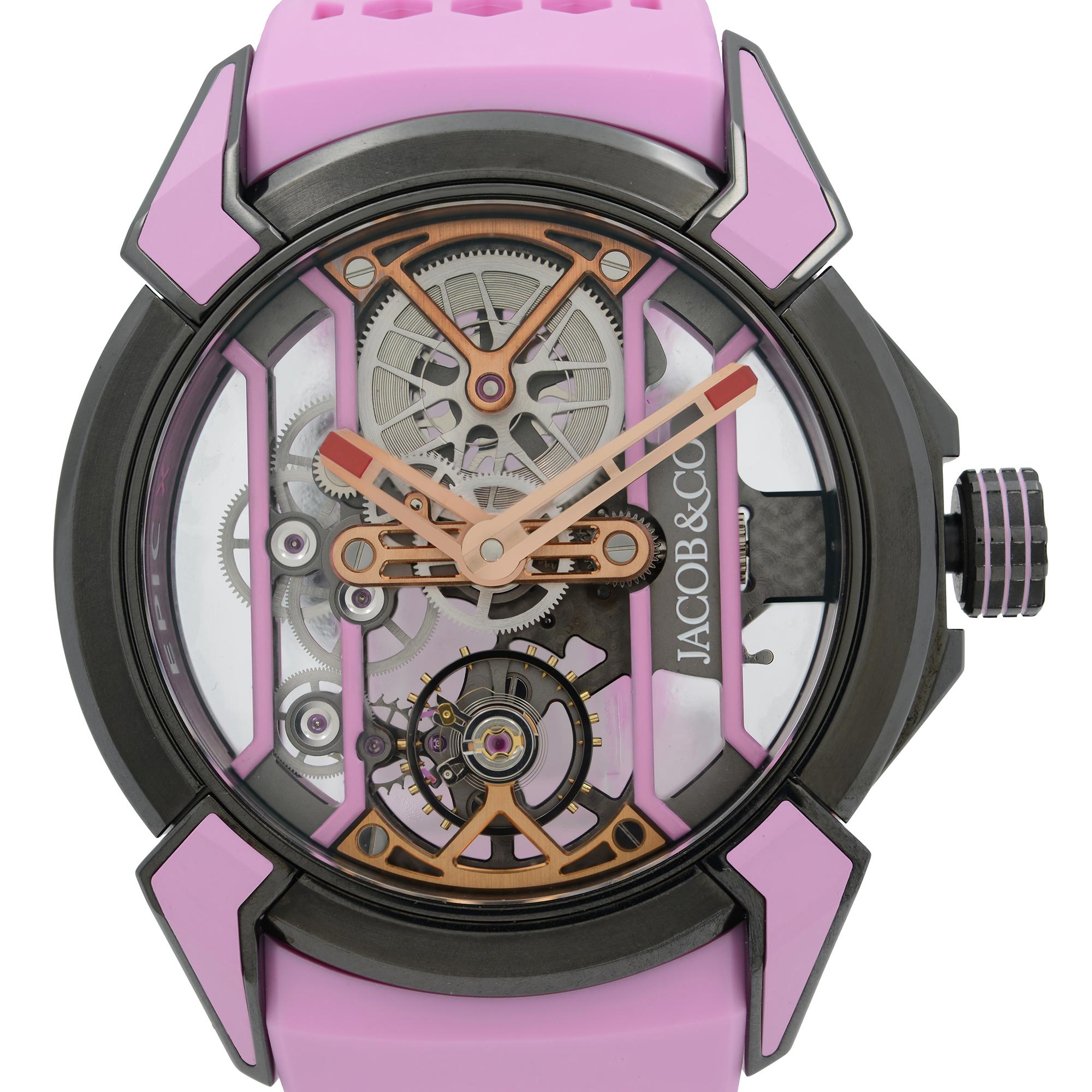 Unworn Jacob & Co Epic X Titanium Skeleton Dial Hand-Wind Unisex Watch EX100.21.PR.PB.ALO3A. This Beautiful Timepiece is Powered by Mechanical (Manual) Movement And Features: Black & Pink Titanium Case with a Pink Rubber Honeycomb Buckle Strap,