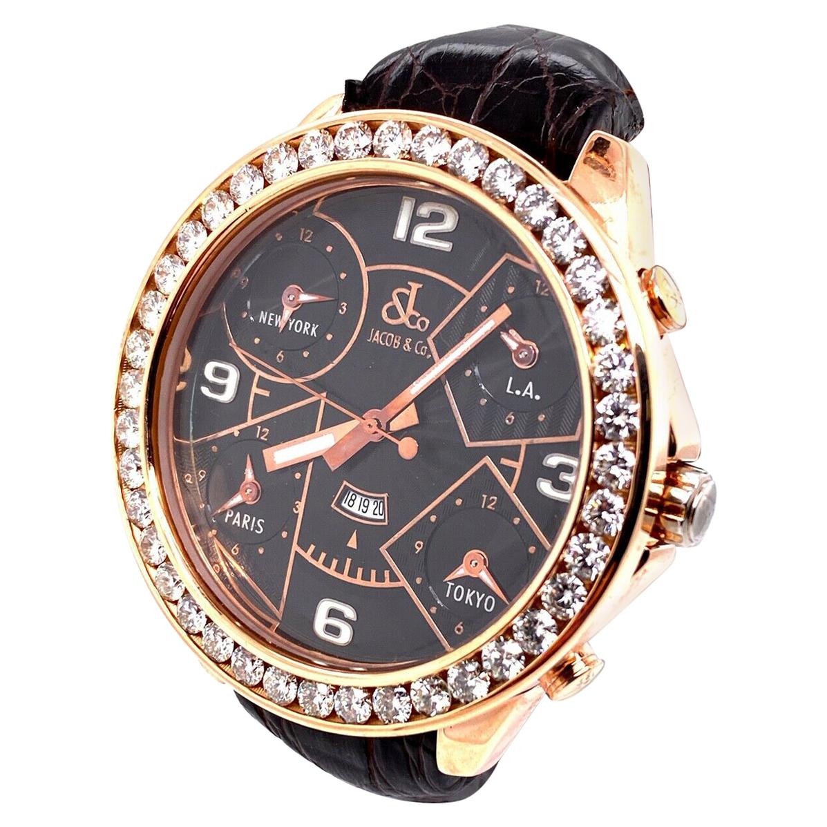 Jacob & Co. Five Time Zone JC-9 18 Karat Rose Gold Diamond Bezel Beautiful For Sale