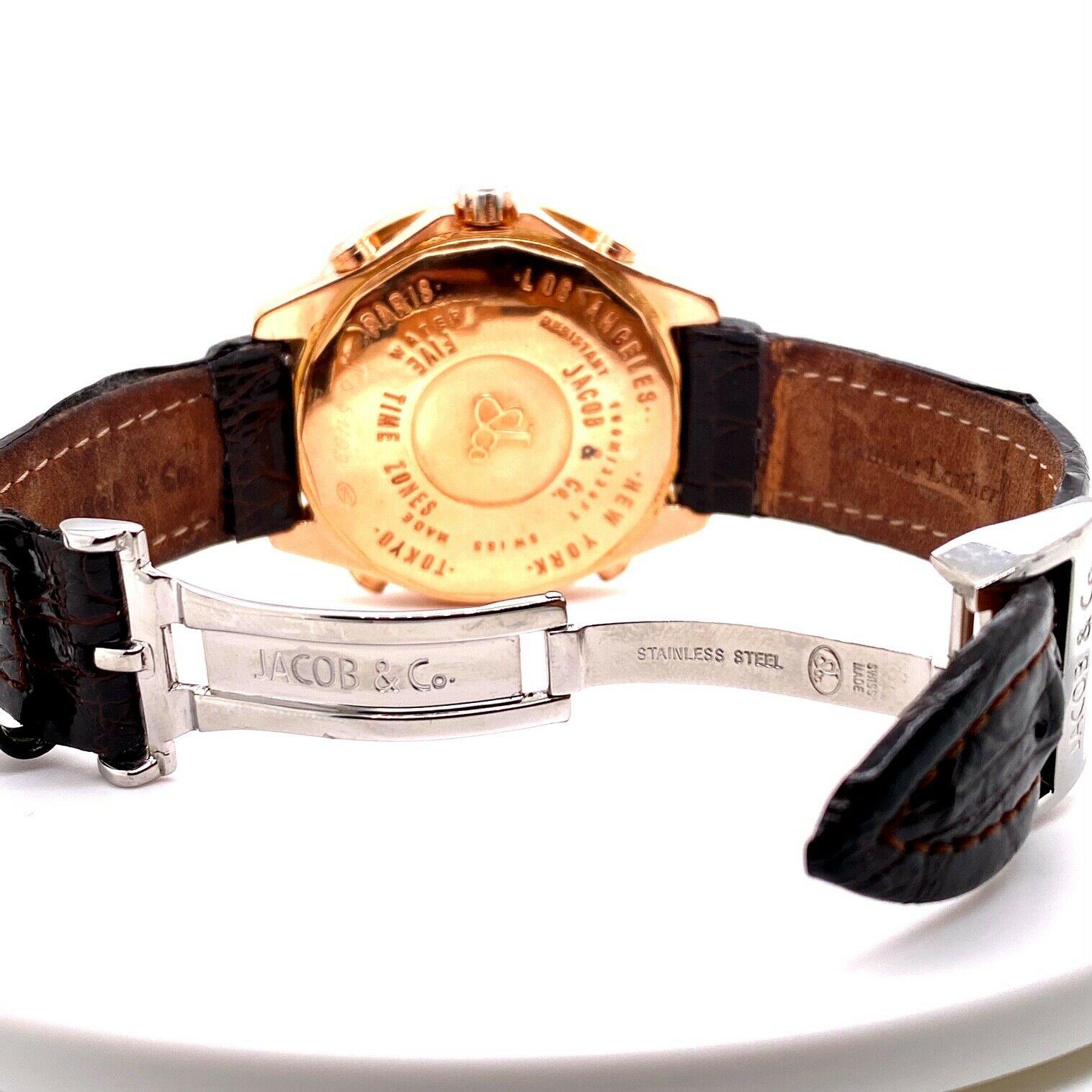 Round Cut Jacob & Co. Five Time Zone JC-9 18 Karat Rose Gold Diamond Bezel Beautiful