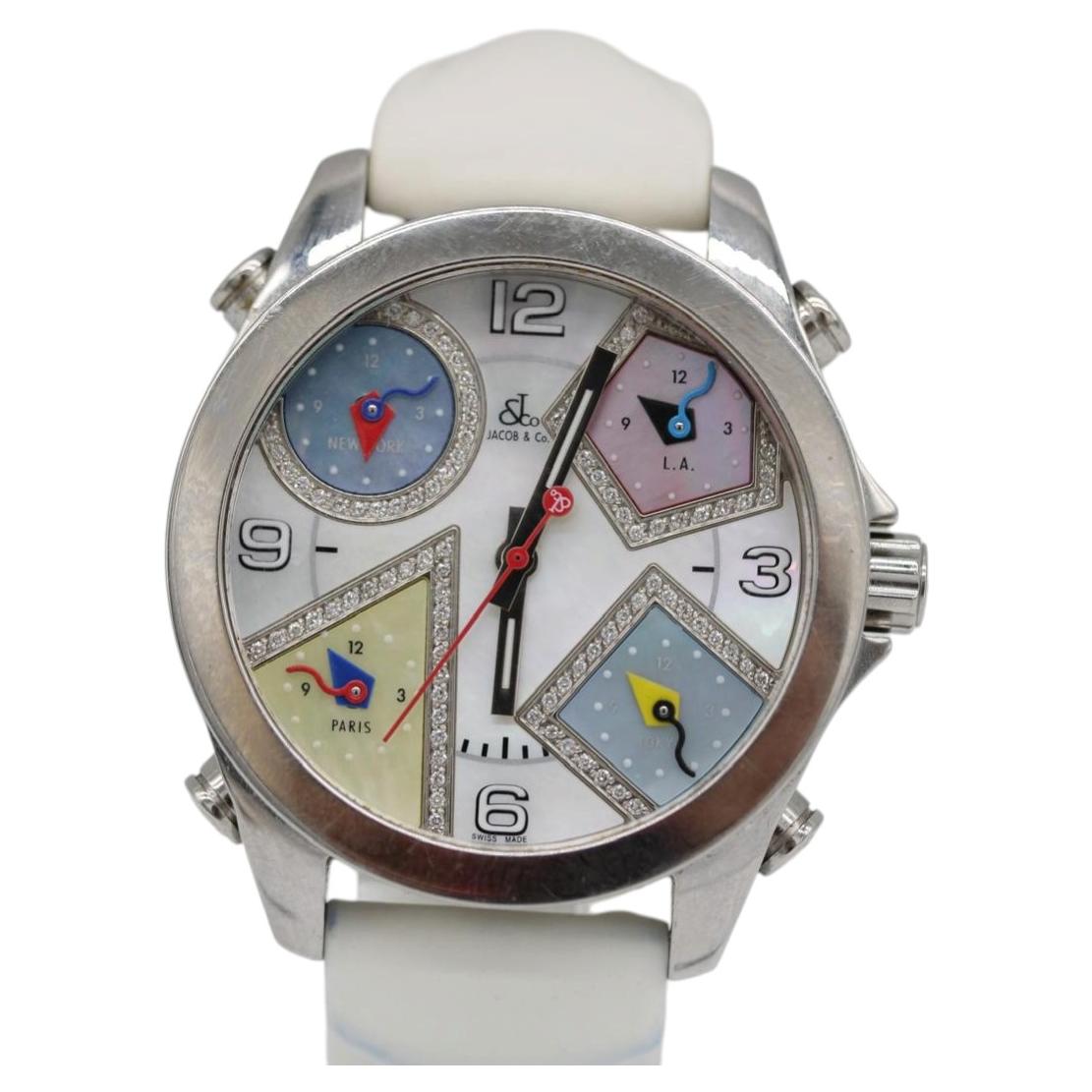 Jacob & Co. JCM-24DA de cinco husos horarios – Esfera de diamantes y nácar – Conjunto completo en venta
