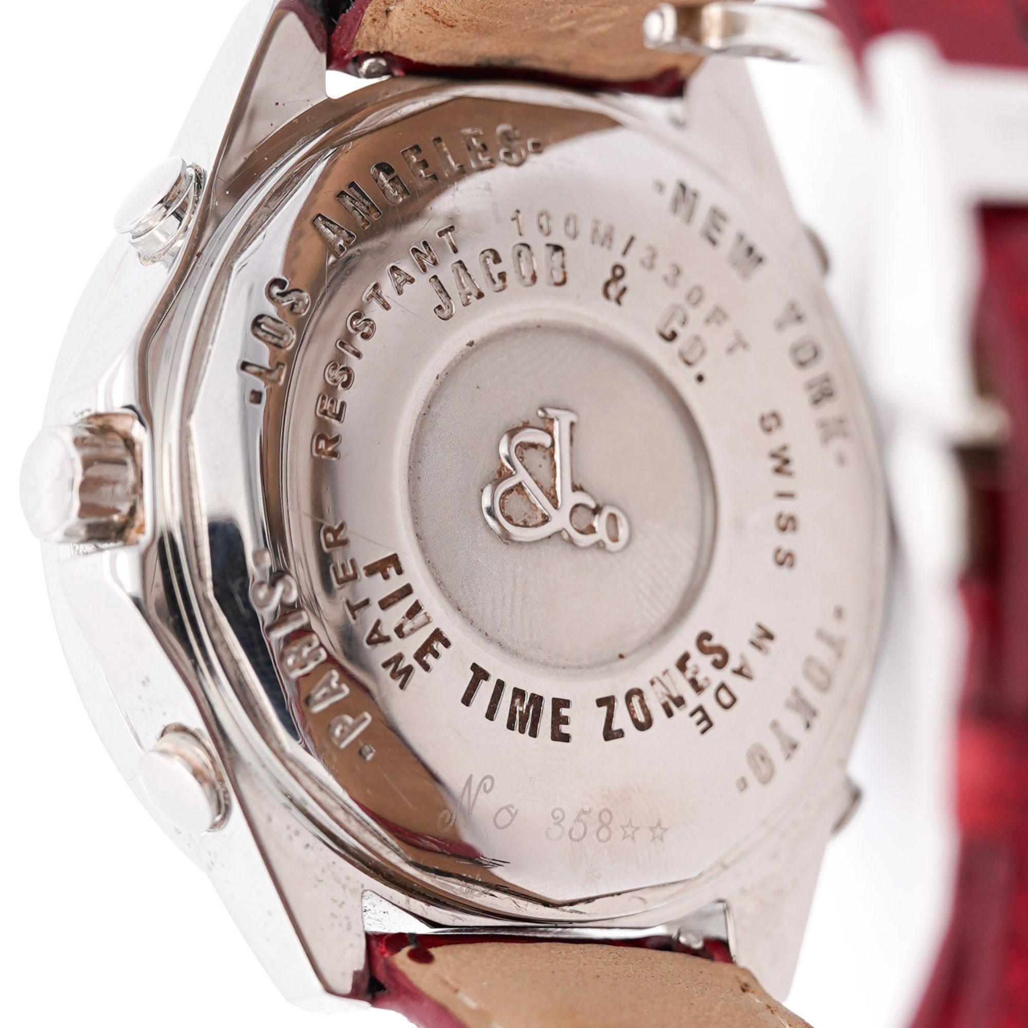 Jacob & Co. Five Time Zone watch, designed for the world traveler who values both style and function. A watch that has adorned actors, and artists for years. Complete with all original Jacob & Co. parts.

Details:
Item Type: Luxury Wristwatch
Brand: