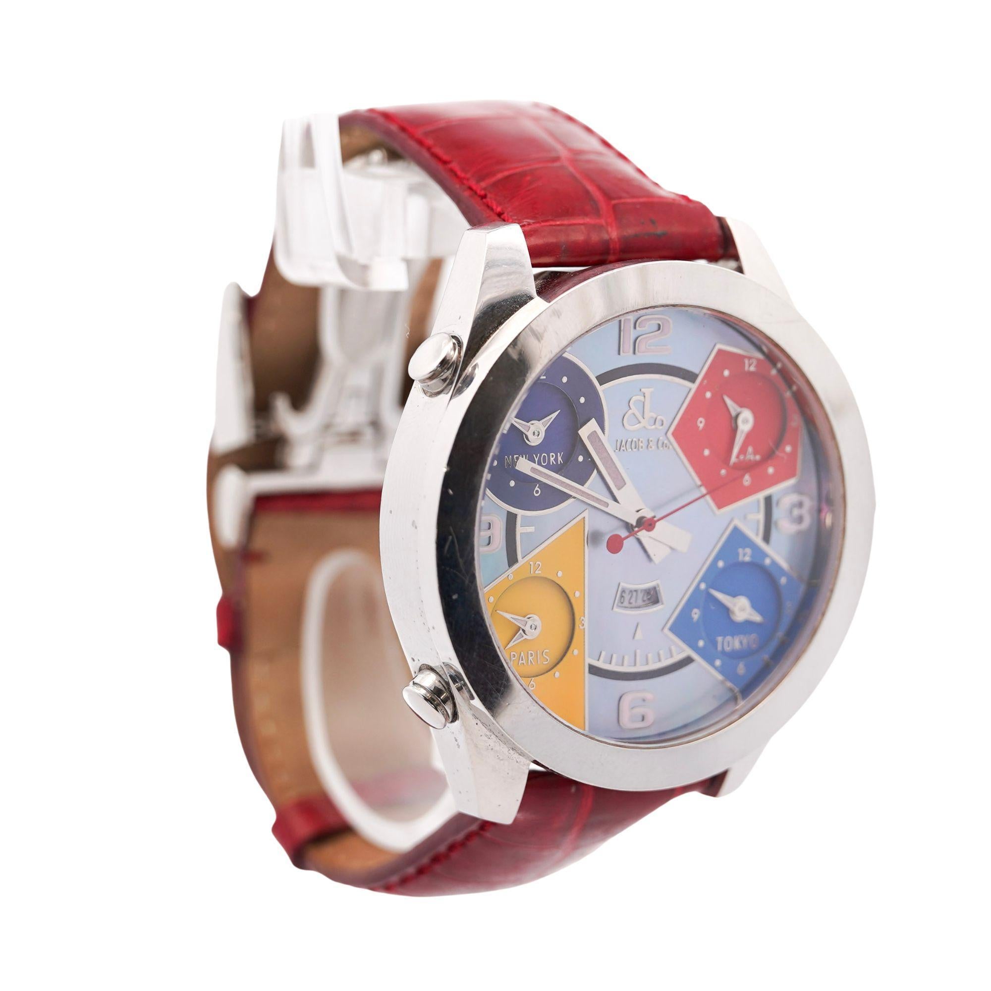 Contemporary Jacob & Co. Five Time Zone Mother of Pearl 47mm Alligator Leather Watch