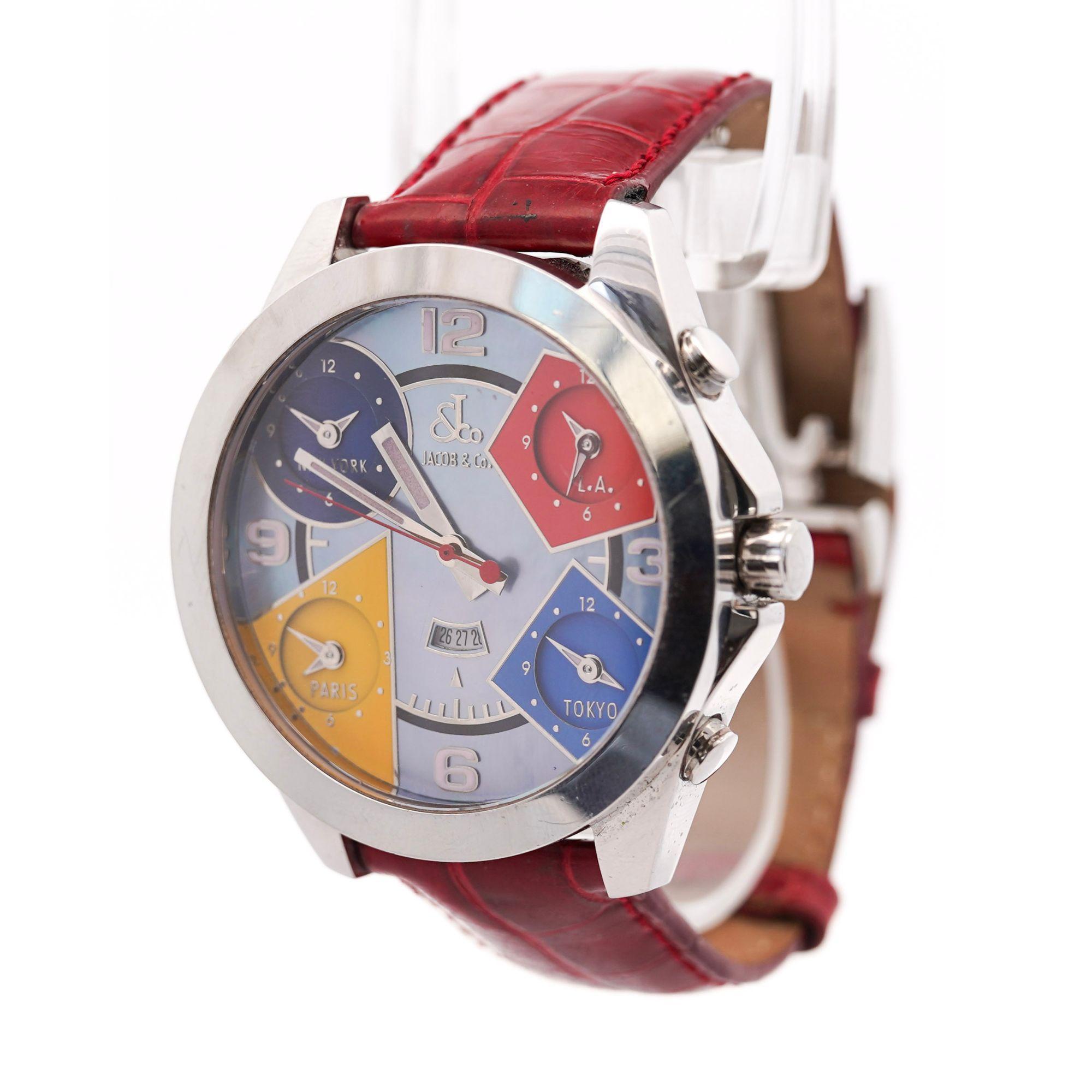 Jacob & Co. Five Time Zone Mother of Pearl 47mm Alligator Leather Watch In Excellent Condition In Miami, FL
