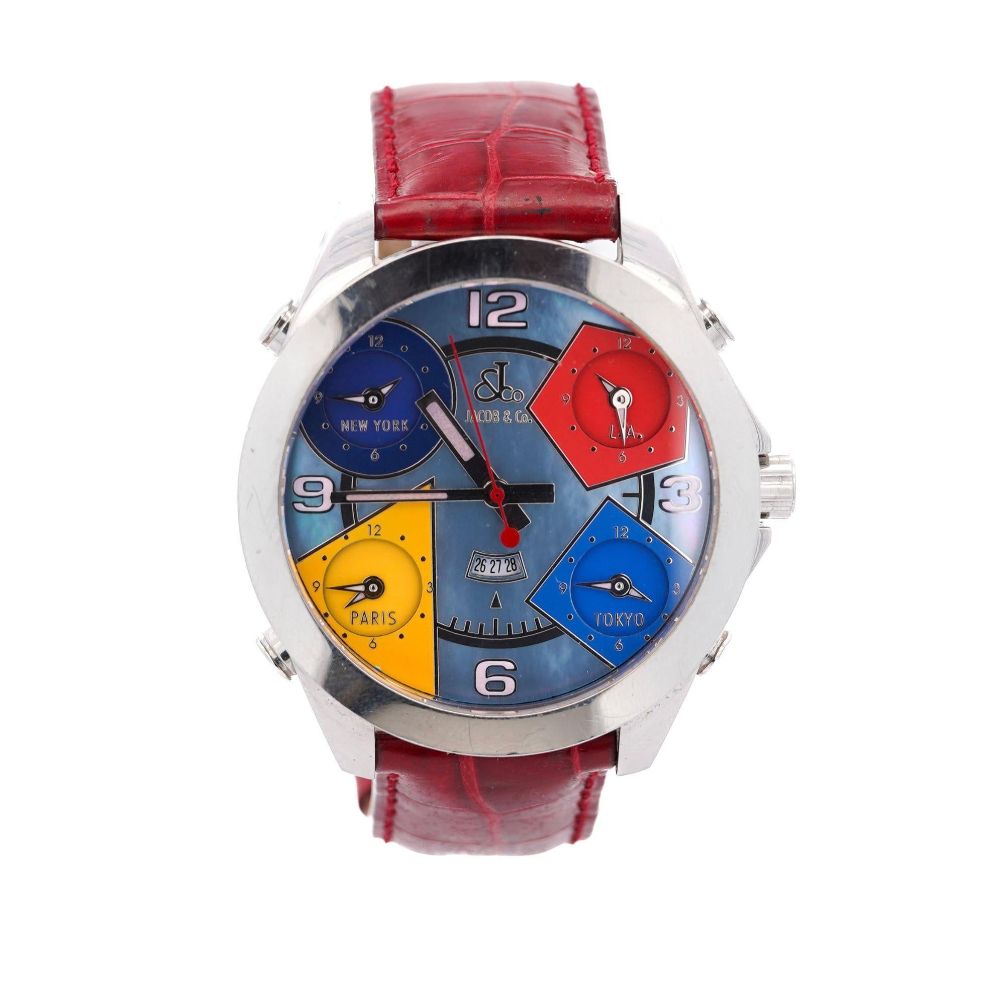Jacob & Co. Five Time Zone Mother of Pearl 47mm Alligator Leather Watch 3