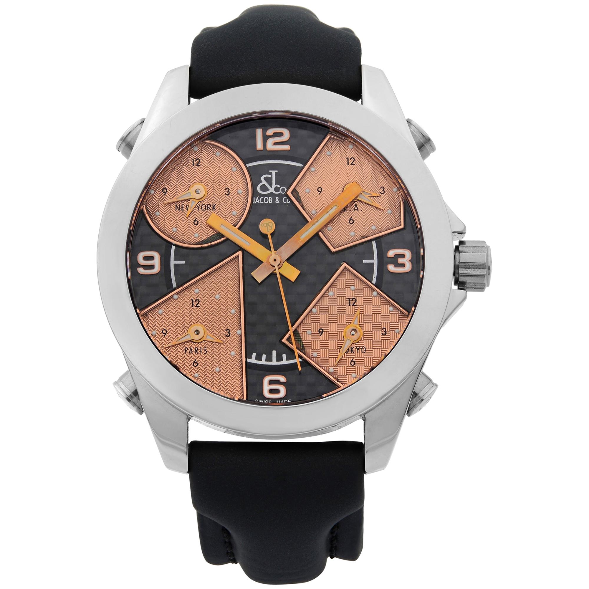 Jacob & Co. Five Time Zone Stainless Steel Black Bronze Dial Quartz Men's Watch