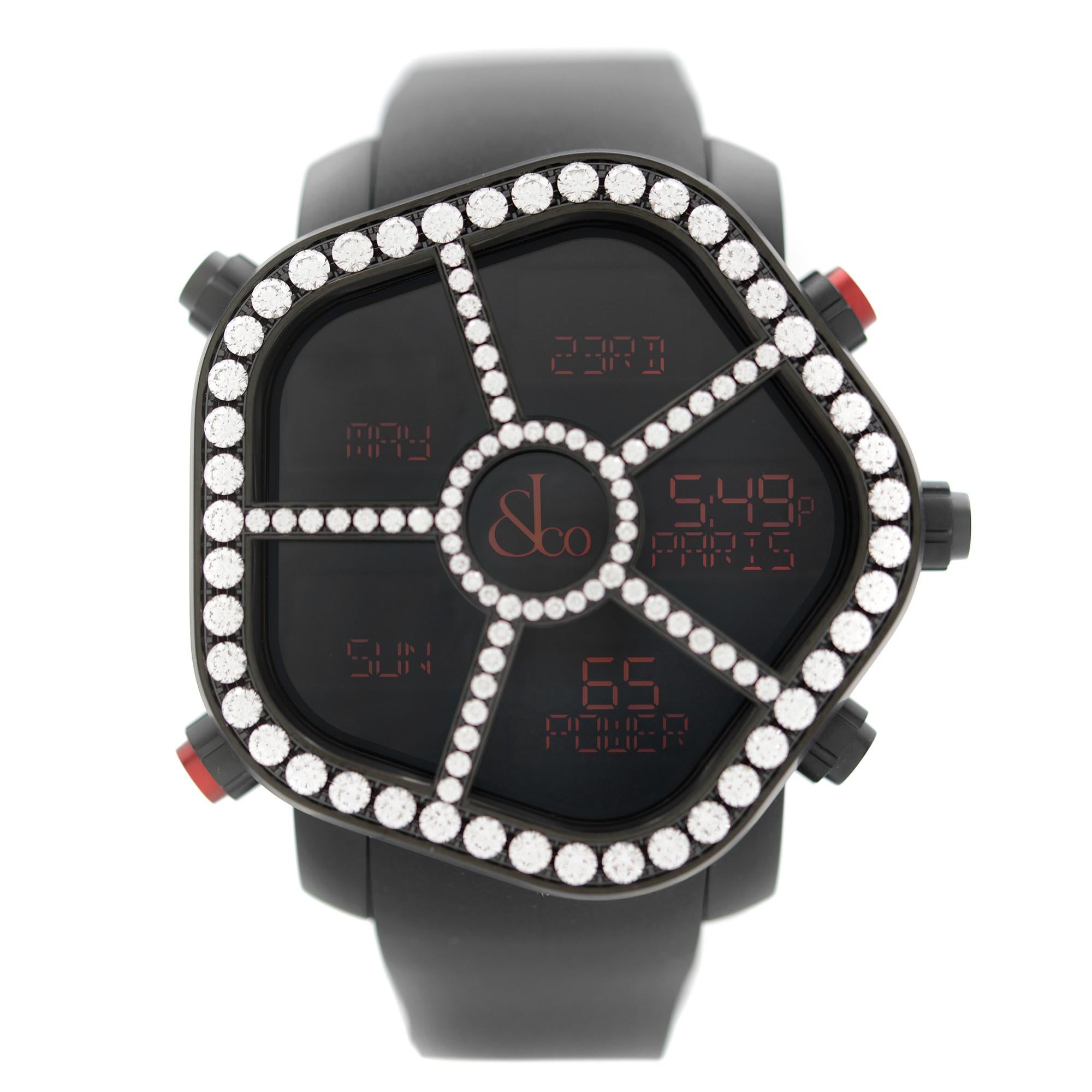 Unworn Jacob & Co. Ghost Steel Black PVD Quartz Mens Watch GH100.11.RP.PB.AHA4D. This Beautiful Timepiece Features: Stainless Steel Case with a Black PVD Coating, Black Vulcanized Rubber Strap, White Diamond Carbon Fiber Bezel (Interchangeable), LCD