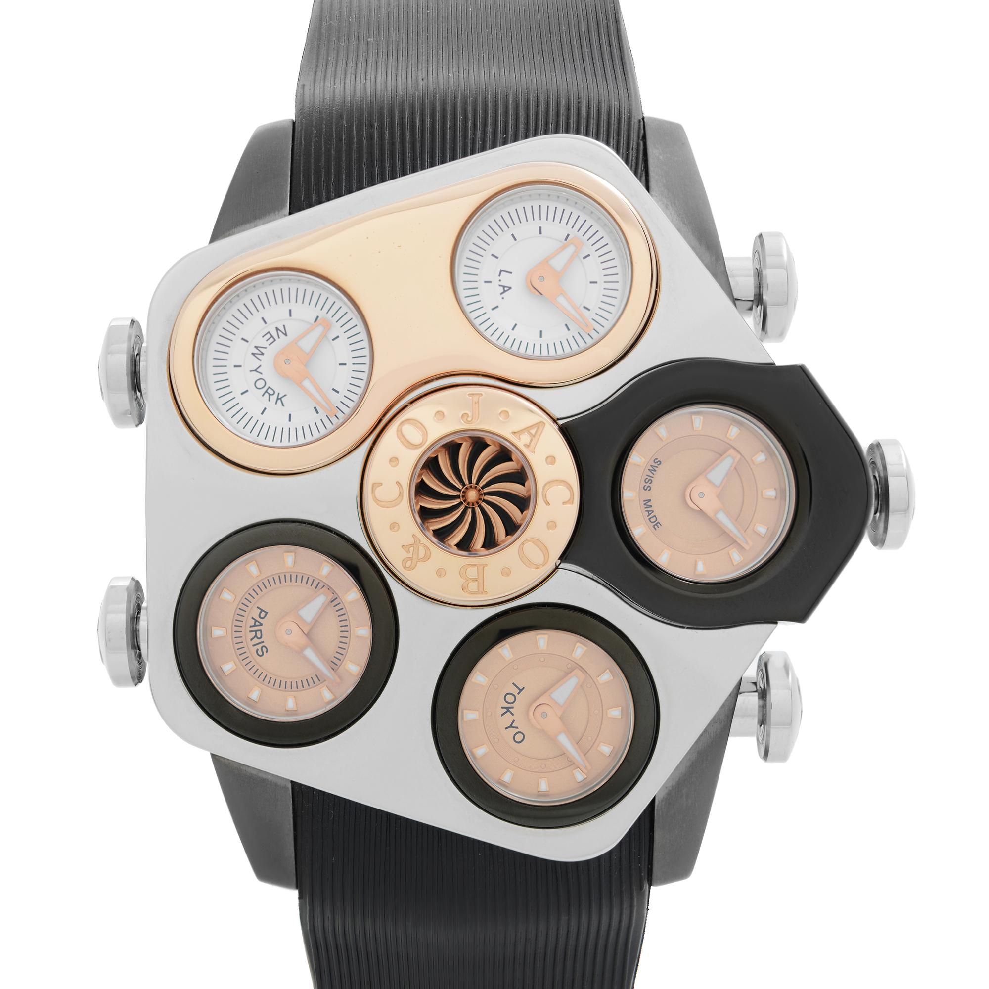 Display Model Jacob & Co Grand 18k Rose Gold-Tone Steel Five Time Zones Quartz Men's Watch GR13-14. This Beautiful Timepiece Features: Stainless Steel Case with Titanium Lugs and Black Rubber Band, 5 Time Zones, Three Bronze Colored Dials with Fixed