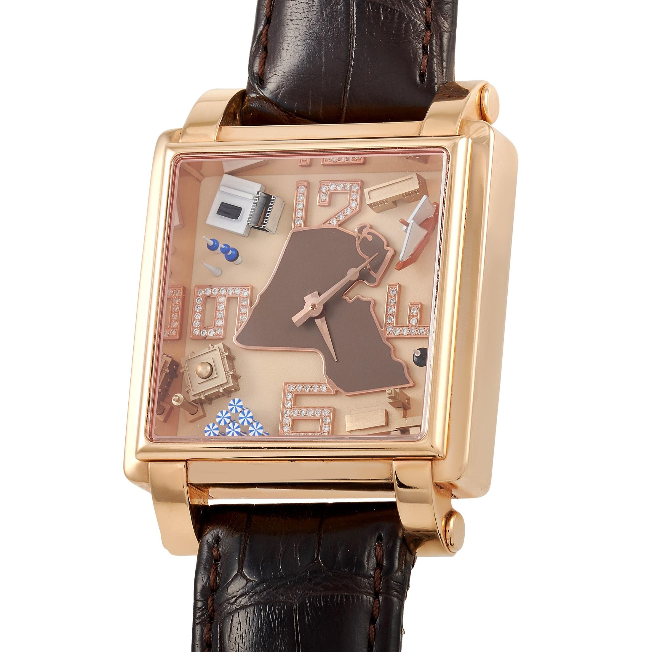 This Jacob & Co. “Kuwait” Limited Edition 18K Rose Gold 37mm Watch is presented in an 18K rose gold case that measures 37mm in diameter. The case is set on a deep brown alligator leather strap. The solid case back includes the word Kuwait and